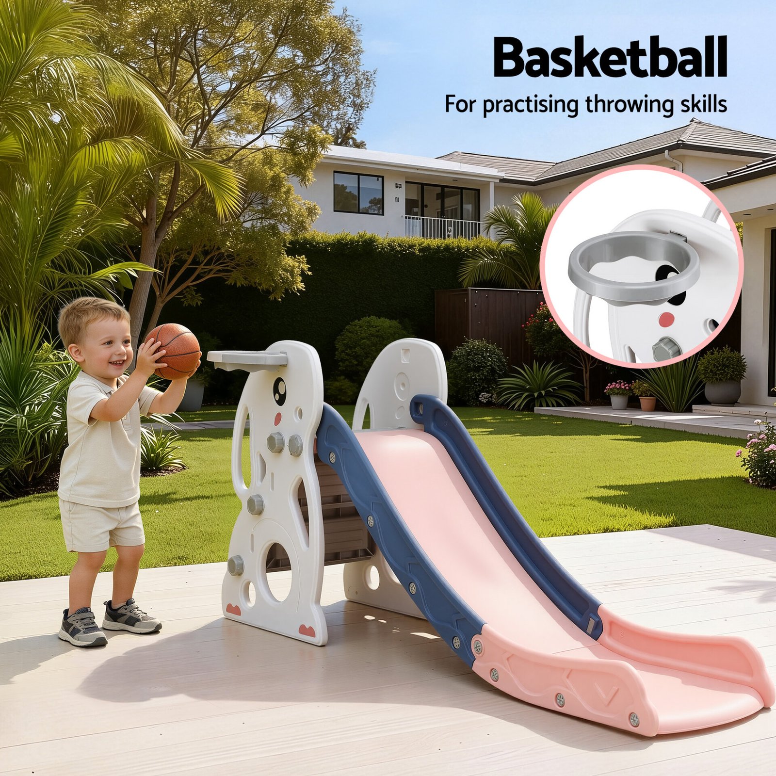 Keezi Kids Slide Set Basketball Hoop Ring Outdoor Playground Toy Rabbit 147cm - Image 5