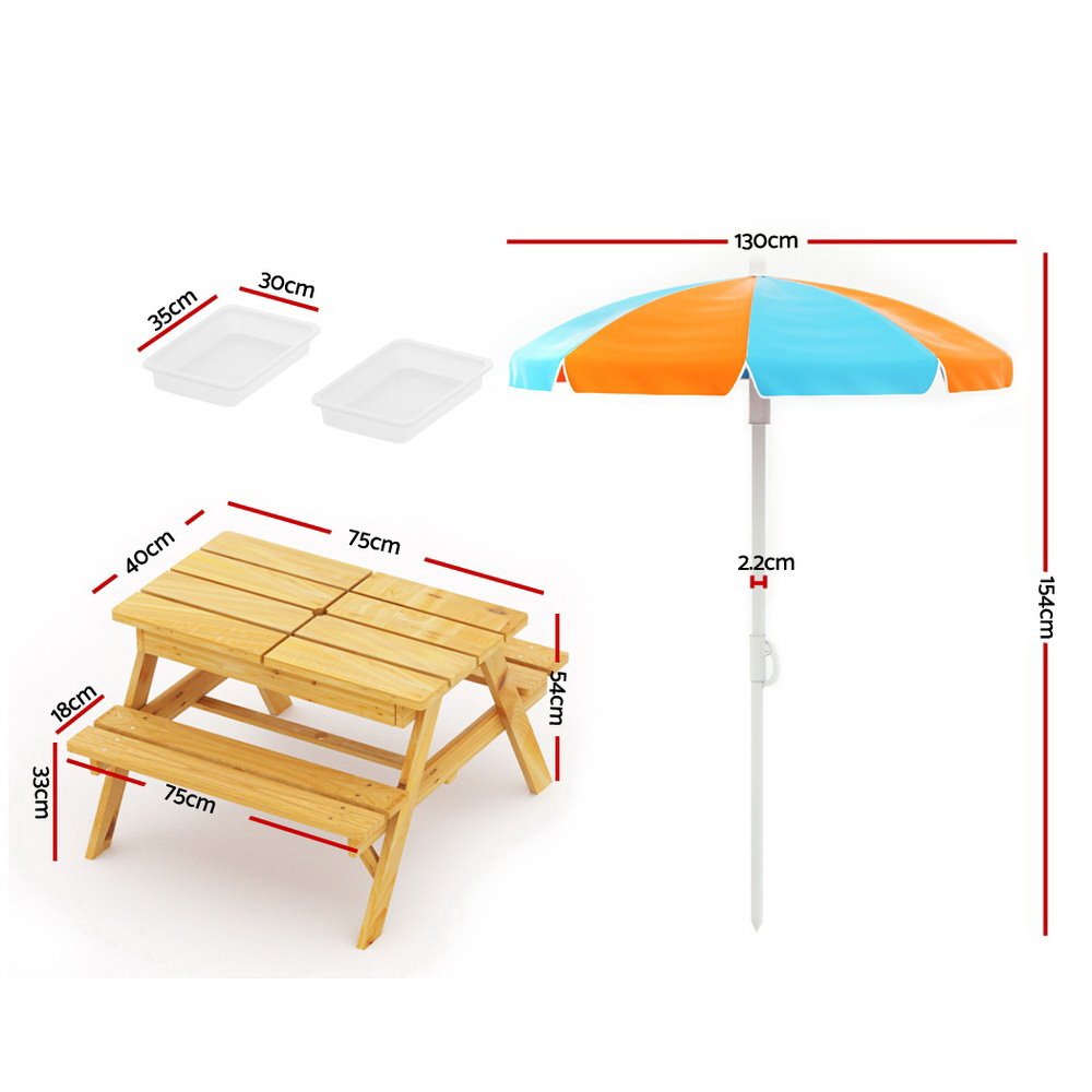 Keezi Kids Outdoor Table and Chairs Picnic Bench Umbrella Set Water Sand Pit Box - Image 2
