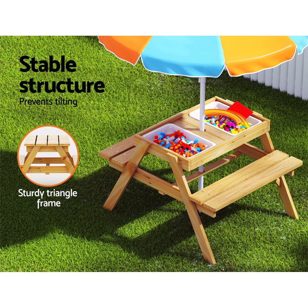 Keezi Kids Outdoor Table and Chairs Picnic Bench Umbrella Set Water Sand Pit Box - Image 5