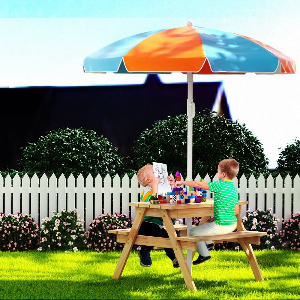 Keezi Kids Outdoor Table and Chairs Picnic Bench Umbrella Set Water Sand Pit Box - Image 8