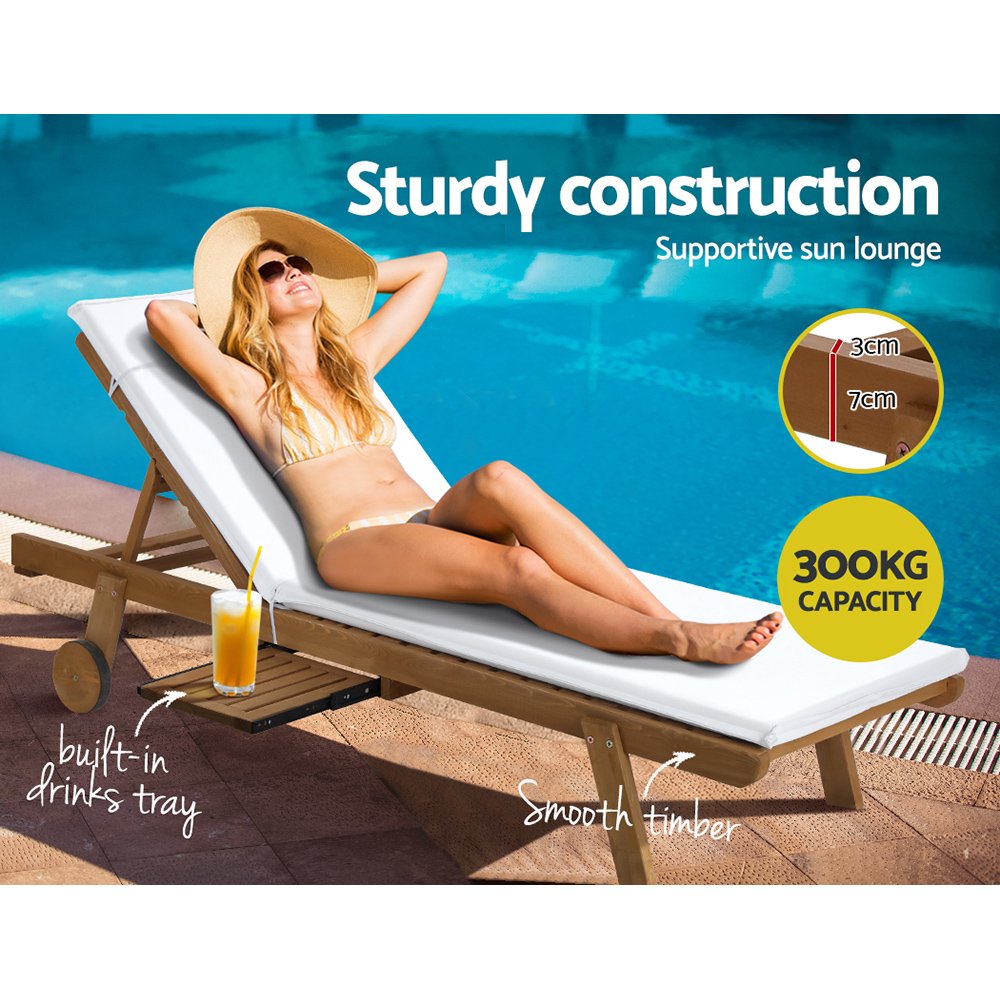Gardeon Sun Lounge Wooden Lounger Outdoor Furniture Day Bed Wheels Patio White - Image 4