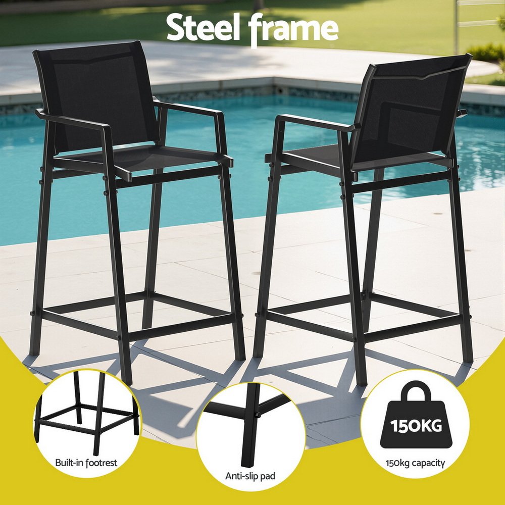 Gardeon 2PC Outdoor Bar Stools Steel Dining Chairs Patio Furniture Garden Black - Image 4