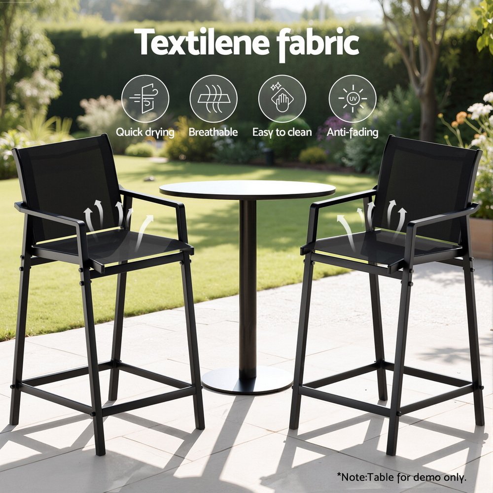 Gardeon 2PC Outdoor Bar Stools Steel Dining Chairs Patio Furniture Garden Black - Image 5