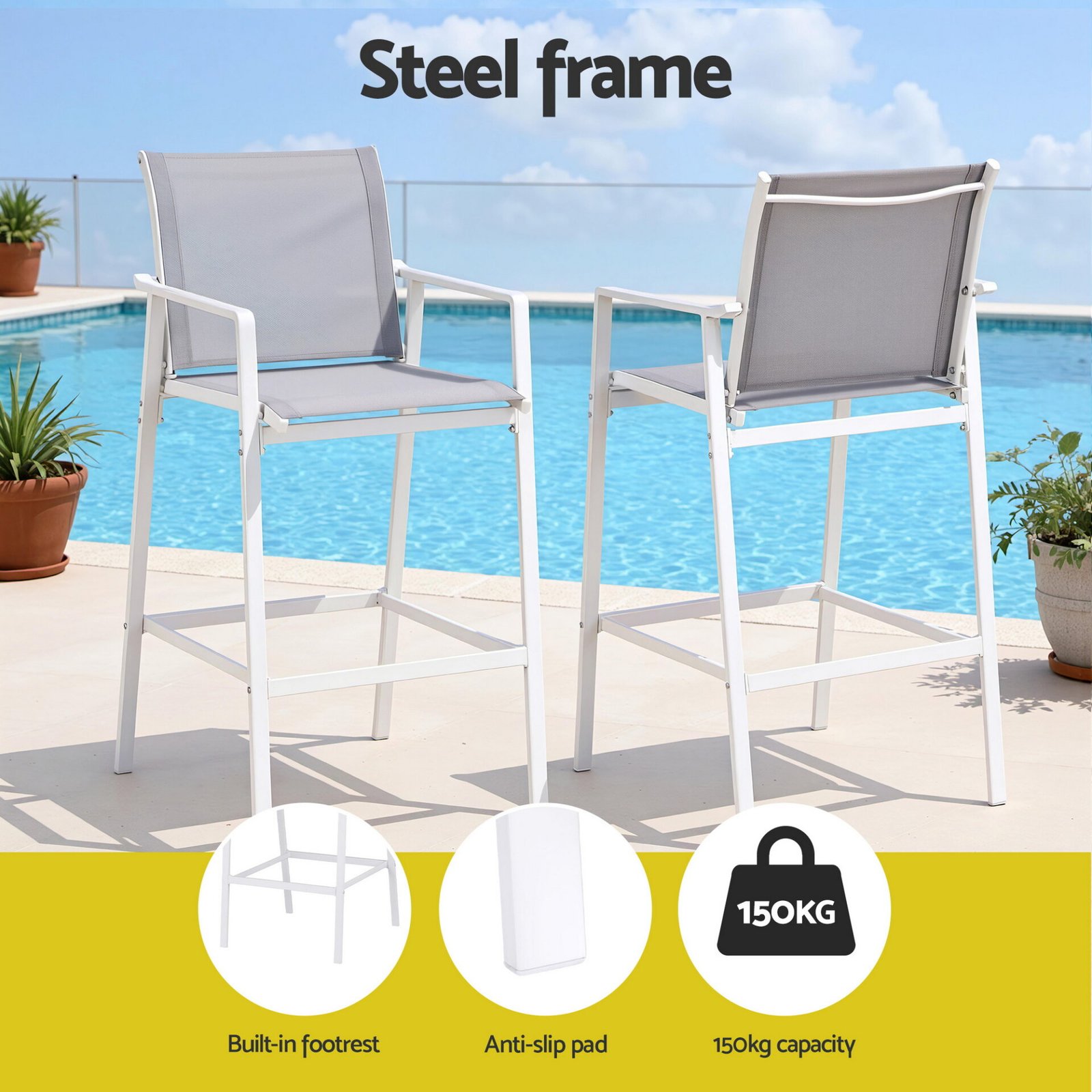 Gardeon 2PC Outdoor Bar Stools Dining Chairs Patio Furniture Garden Steel Textilene White - Image 5
