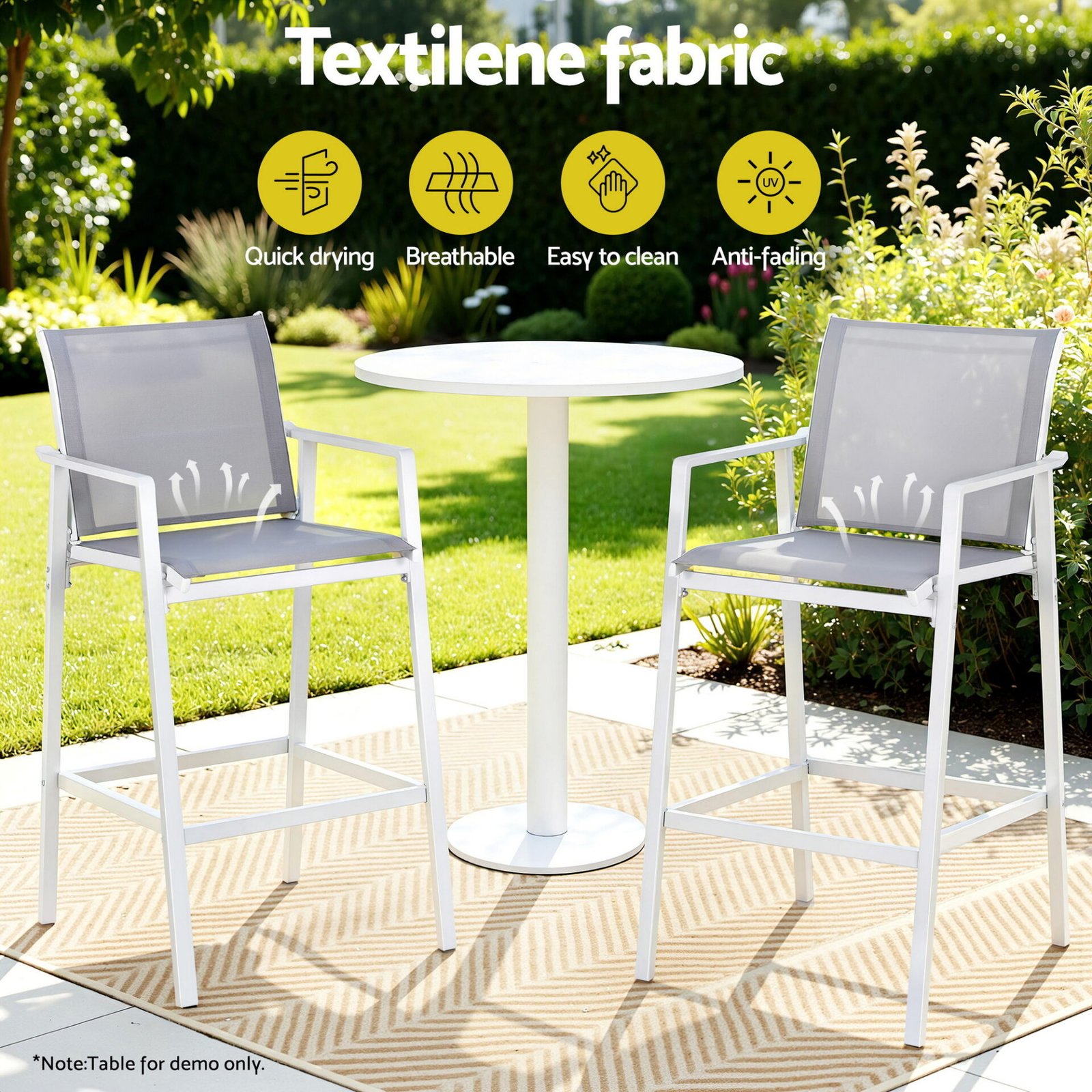 Gardeon 2PC Outdoor Bar Stools Dining Chairs Patio Furniture Garden Steel Textilene White - Image 6