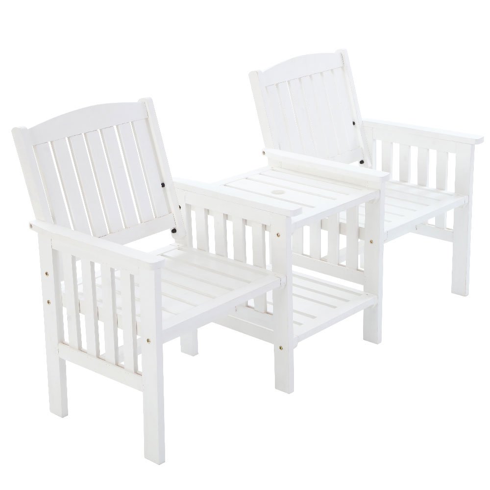 Gardeon Outdoor Garden Bench Loveseat Wooden Table Chairs Patio Furniture White - Image 8