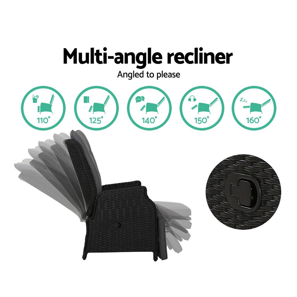 Gardeon Recliner Chairs Sun lounge Wicker Lounger Outdoor Furniture Patio Adjustable Black - Image 5