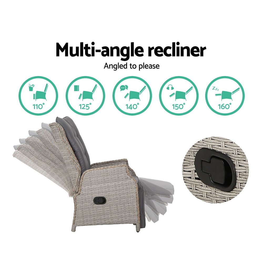 Gardeon Recliner Chairs Sun lounge Wicker Lounger Outdoor Furniture Patio Adjustable Grey - Image 5