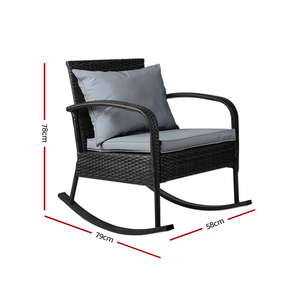Gardeon Outdoor Furniture Rocking Chair Wicker Garden Patio Lounge Setting Black - Image 2