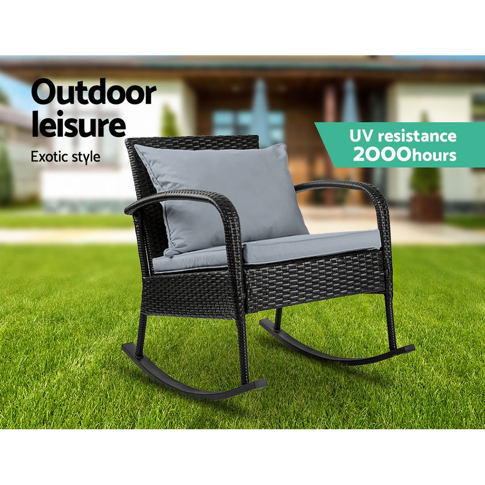 Gardeon Outdoor Furniture Rocking Chair Wicker Garden Patio Lounge Setting Black - Image 4