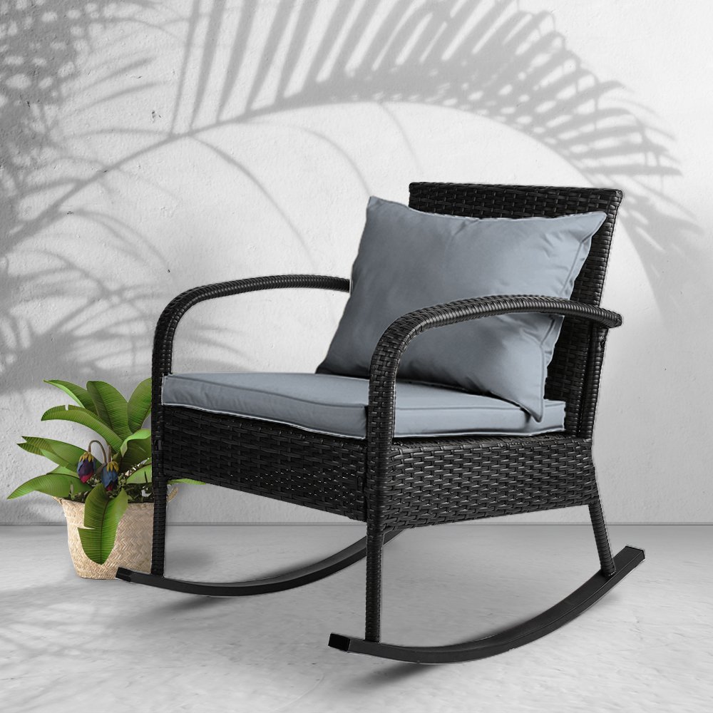 Gardeon Outdoor Furniture Rocking Chair Wicker Garden Patio Lounge Setting Black - Image 7