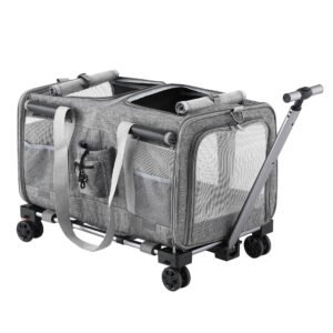 i.Pet Pet Carrier Swivel Wheels Foldable Cat Dog Trolley Stroller Travel Bag Grey