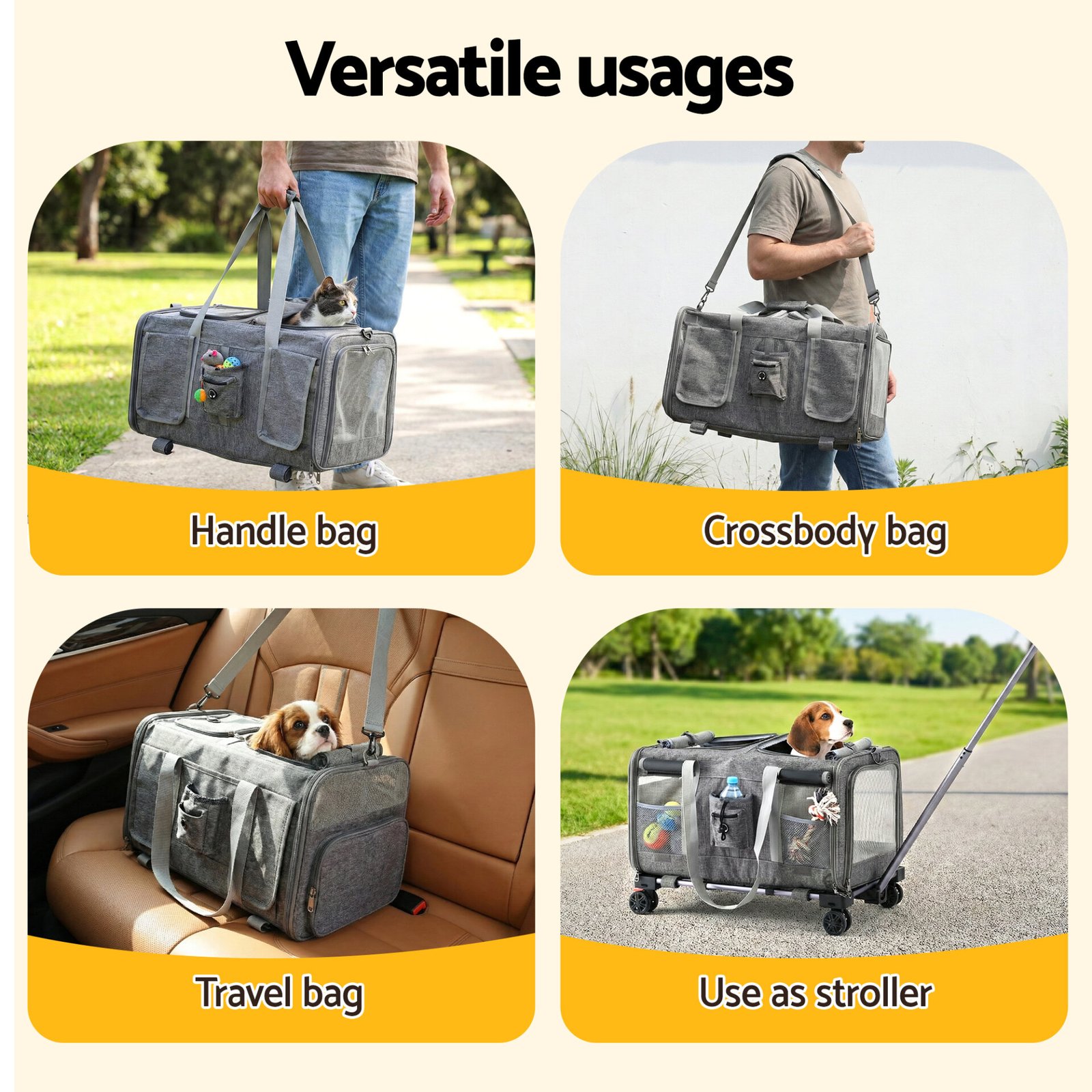 i.Pet Pet Carrier Swivel Wheels Foldable Cat Dog Trolley Stroller Travel Bag Grey - Image 5