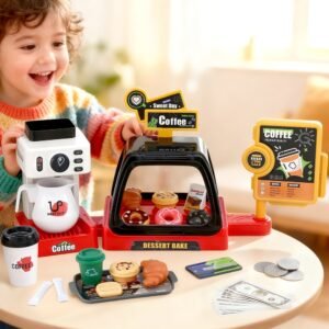 Keezi Kids Pretend Role Play Toy Coffee Shop with Coffee Maker Machine Play Money Food Tea Party Set
