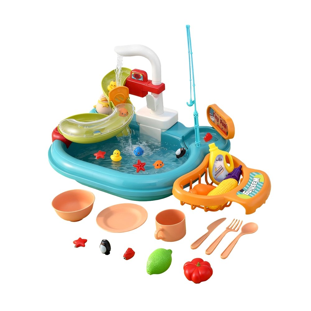 Keezi Kids Pretend Play Kitchen Sink with Faucet Floating Fishing Toys Play food - Image 2