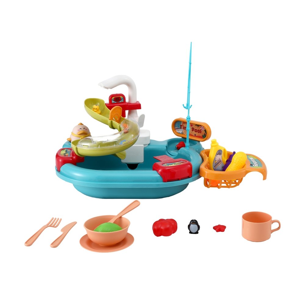 Keezi Kids Pretend Play Kitchen Sink with Faucet Floating Fishing Toys Play food - Image 4