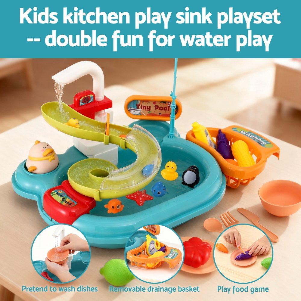 Keezi Kids Pretend Play Kitchen Sink with Faucet Floating Fishing Toys Play food - Image 5