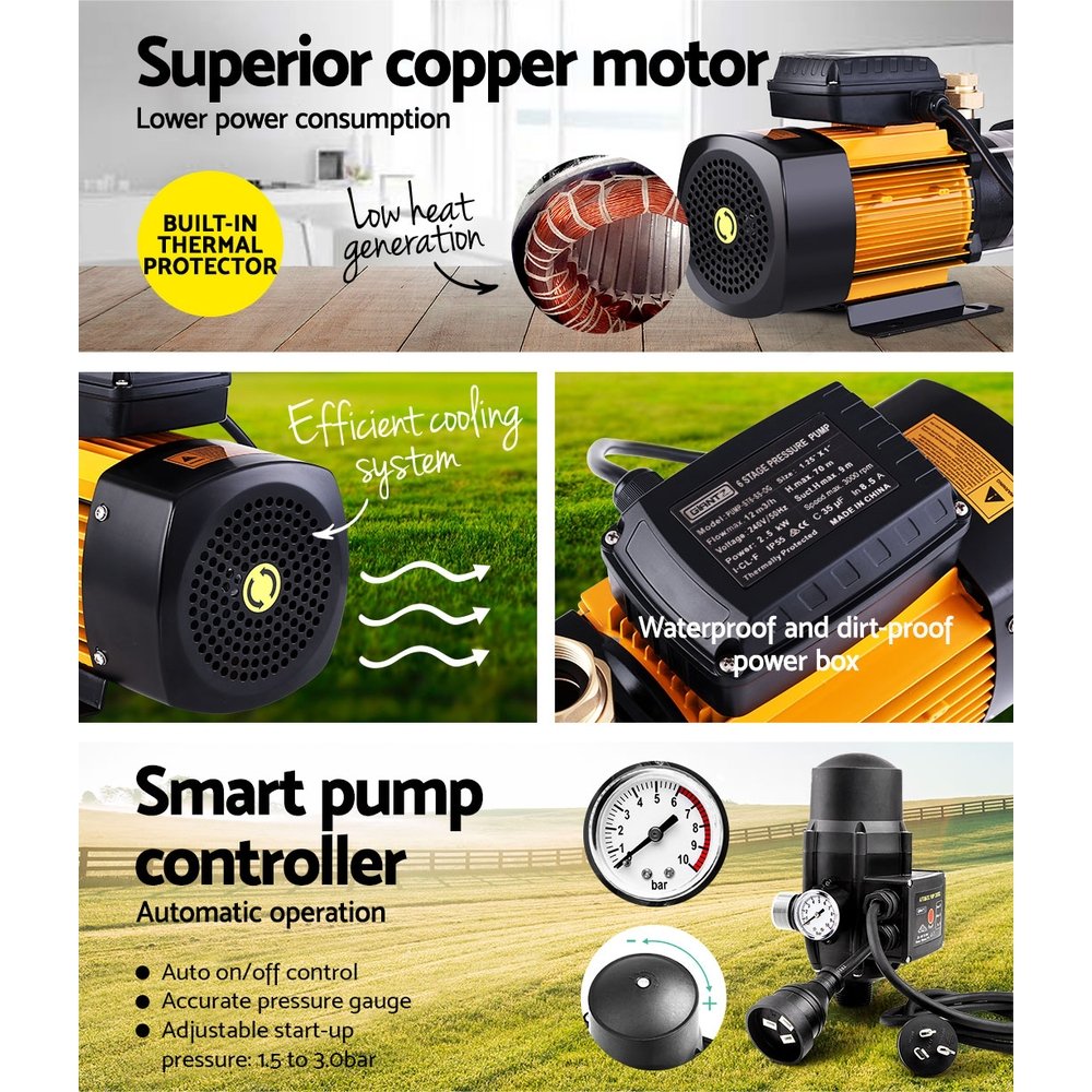 Giantz Garden Water Pump High Pressure 2000W Max 5-Stage Tank Irrigation Transfer Booster Pump Black - Image 4