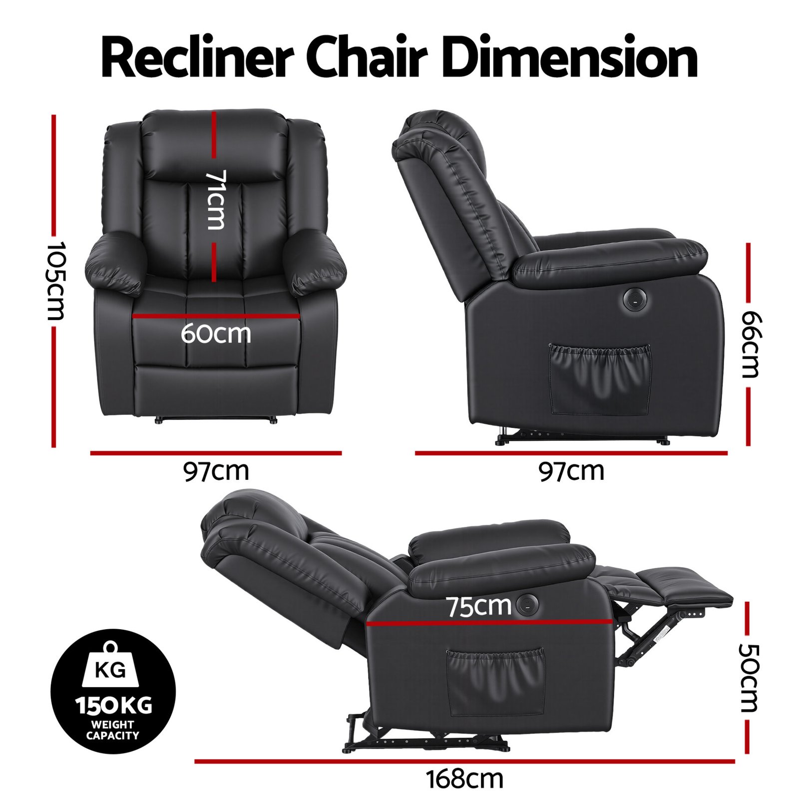 Artiss Manual Massage Recliner Chair for Living Room, Leather Sofa Lounge Reclining Chair with 2 USB Port, 160° Recline Reading Chair with 20CM Wide Armrests, 8 Point Vibration & Lumbar Heat, Black - Image 2