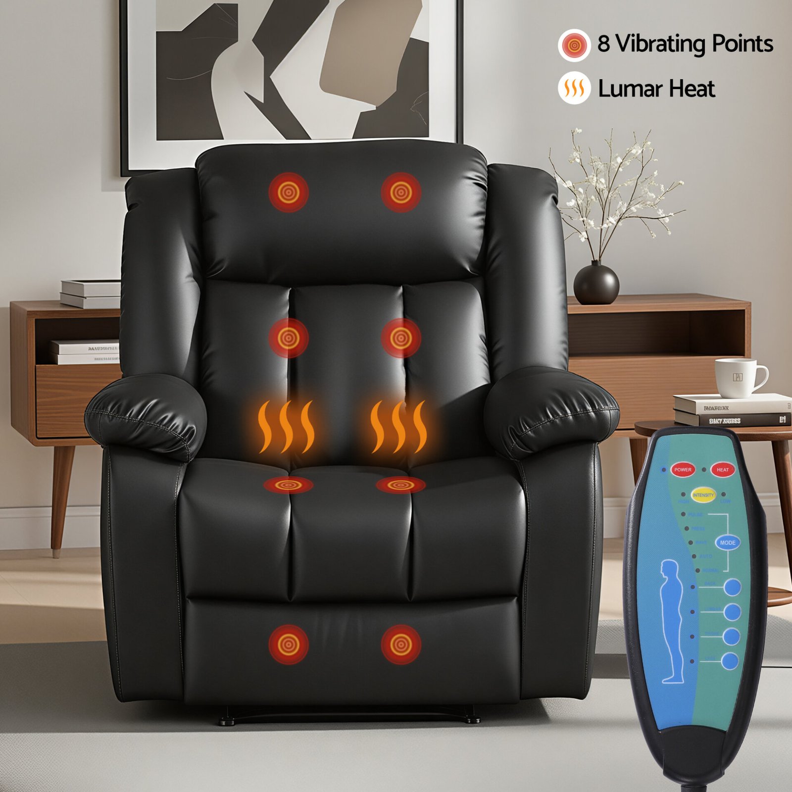 Artiss Manual Massage Recliner Chair for Living Room, Leather Sofa Lounge Reclining Chair with 2 USB Port, 160° Recline Reading Chair with 20CM Wide Armrests, 8 Point Vibration & Lumbar Heat, Black - Image 4
