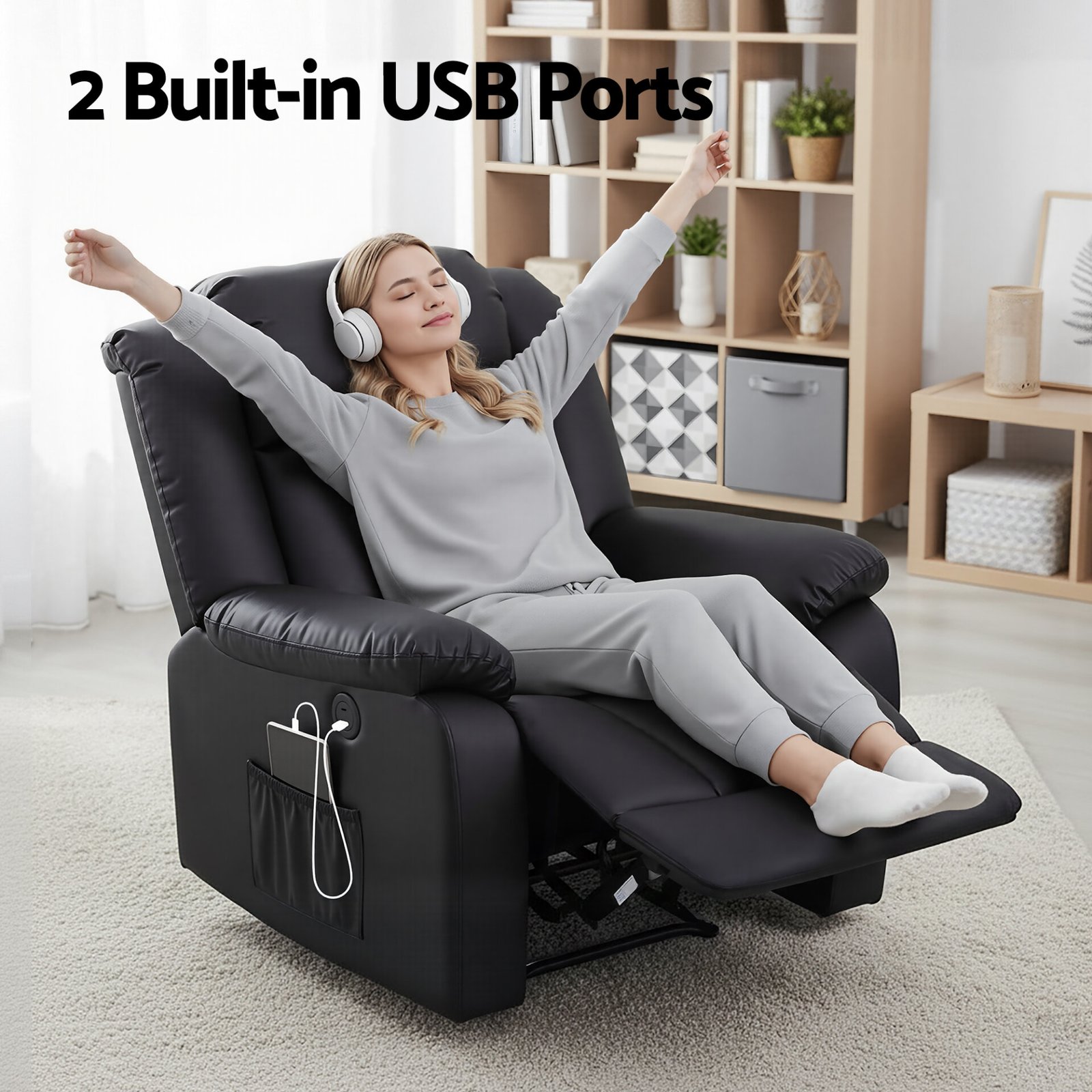 Artiss Manual Massage Recliner Chair for Living Room, Leather Sofa Lounge Reclining Chair with 2 USB Port, 160° Recline Reading Chair with 20CM Wide Armrests, 8 Point Vibration & Lumbar Heat, Black - Image 5