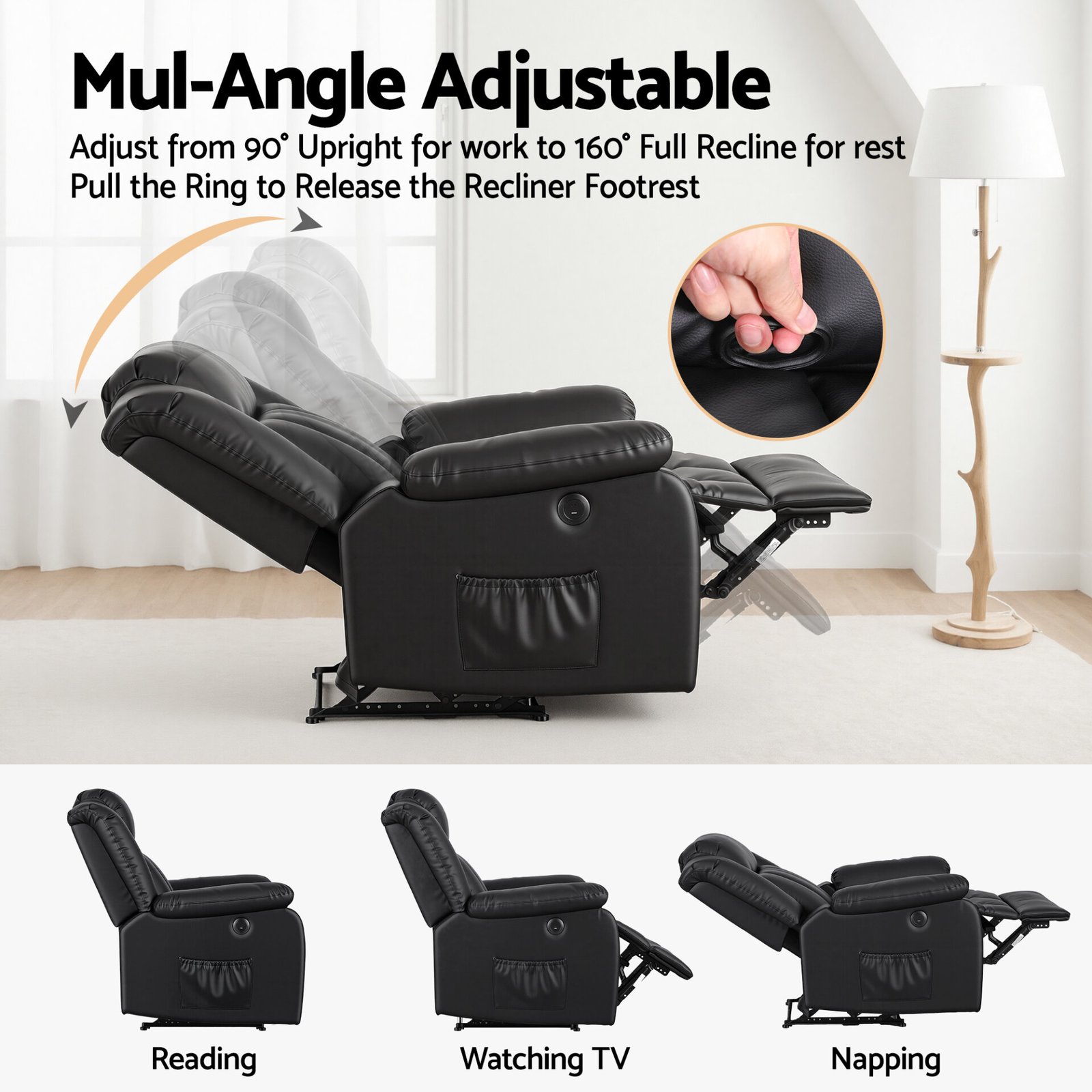 Artiss Manual Massage Recliner Chair for Living Room, Leather Sofa Lounge Reclining Chair with 2 USB Port, 160° Recline Reading Chair with 20CM Wide Armrests, 8 Point Vibration & Lumbar Heat, Black - Image 6
