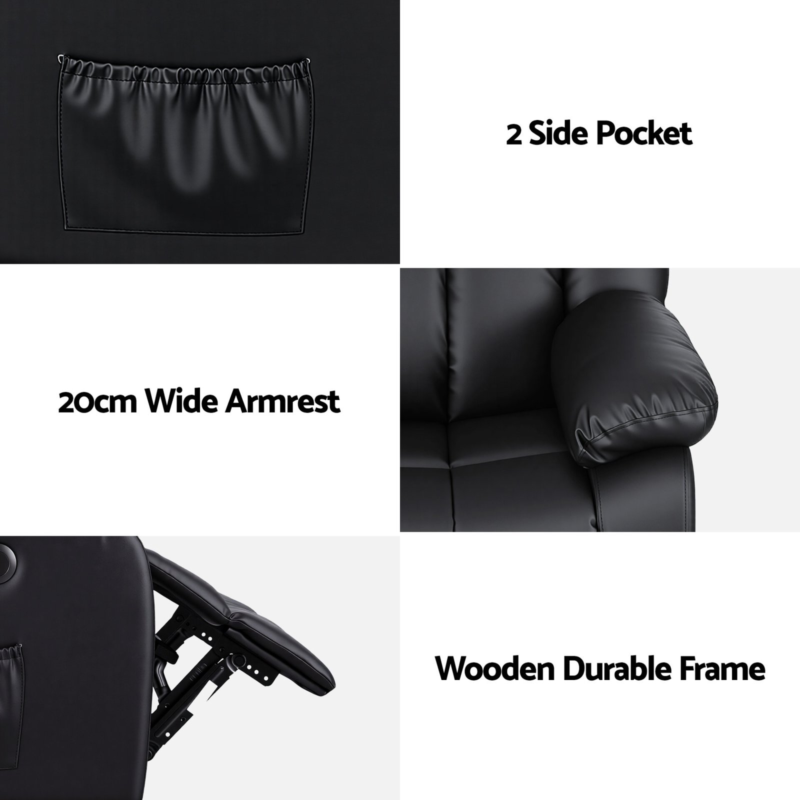 Artiss Manual Massage Recliner Chair for Living Room, Leather Sofa Lounge Reclining Chair with 2 USB Port, 160° Recline Reading Chair with 20CM Wide Armrests, 8 Point Vibration & Lumbar Heat, Black - Image 8