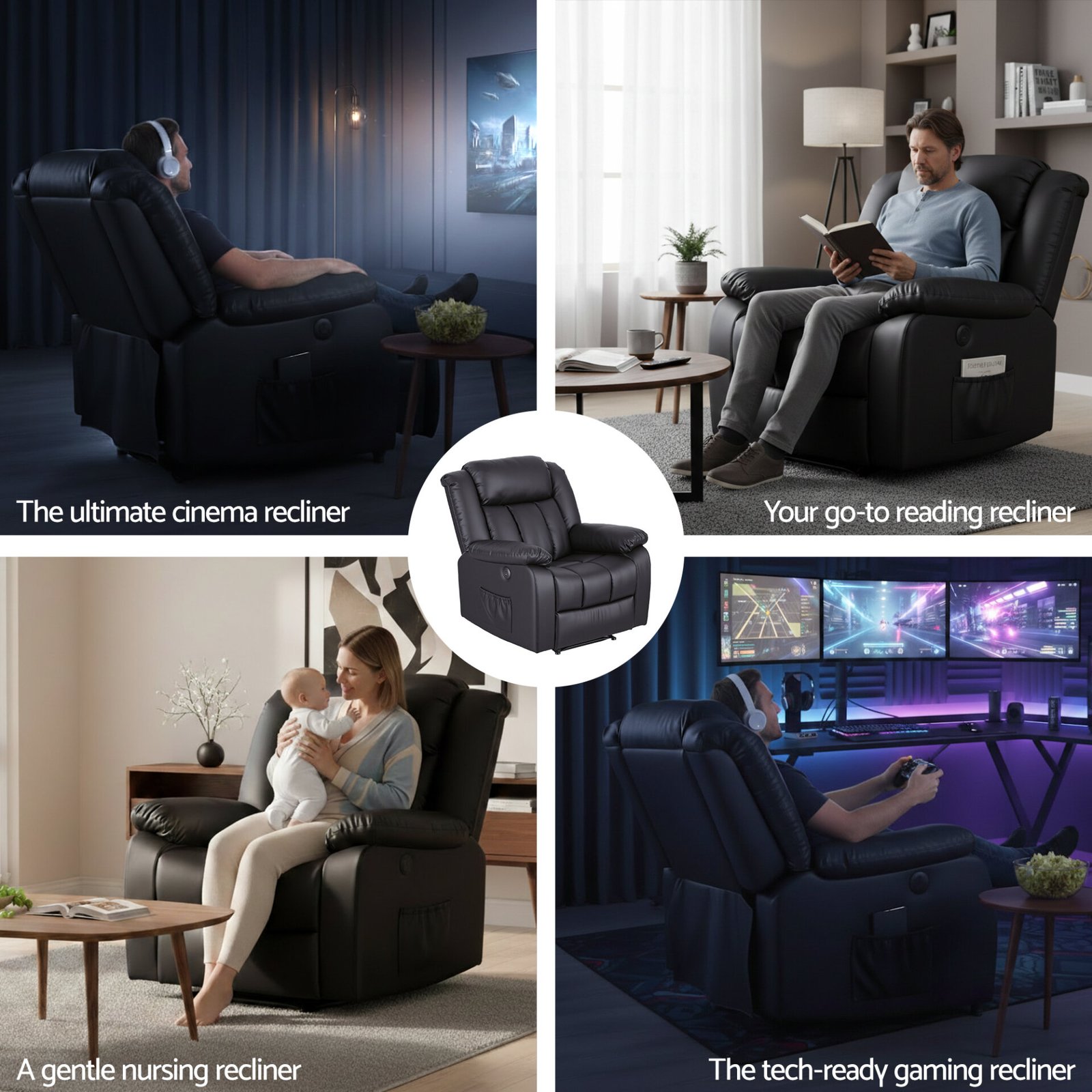 Artiss Manual Massage Recliner Chair for Living Room, Leather Sofa Lounge Reclining Chair with 2 USB Port, 160° Recline Reading Chair with 20CM Wide Armrests, 8 Point Vibration & Lumbar Heat, Black - Image 9