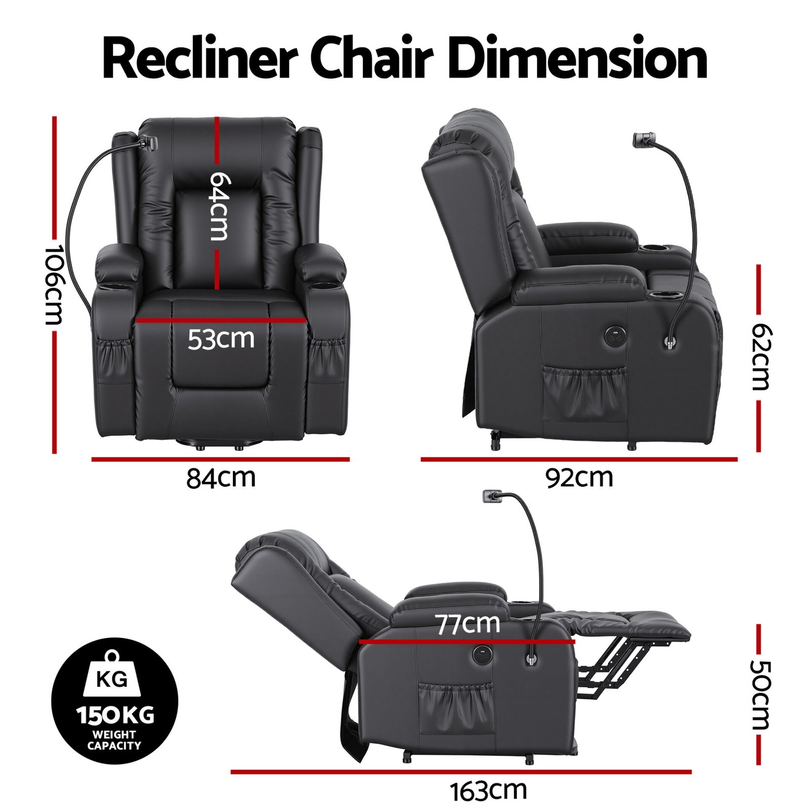 Artiss Power Lift Recliner Chair with Massage and Heat for Elderly, Electric Sofa Reclining Chair with USB and Phone Holder, PU Leather Comfy Armchair for Living Room, 2 Cup Holder & 4 Pockets, Black - Image 2