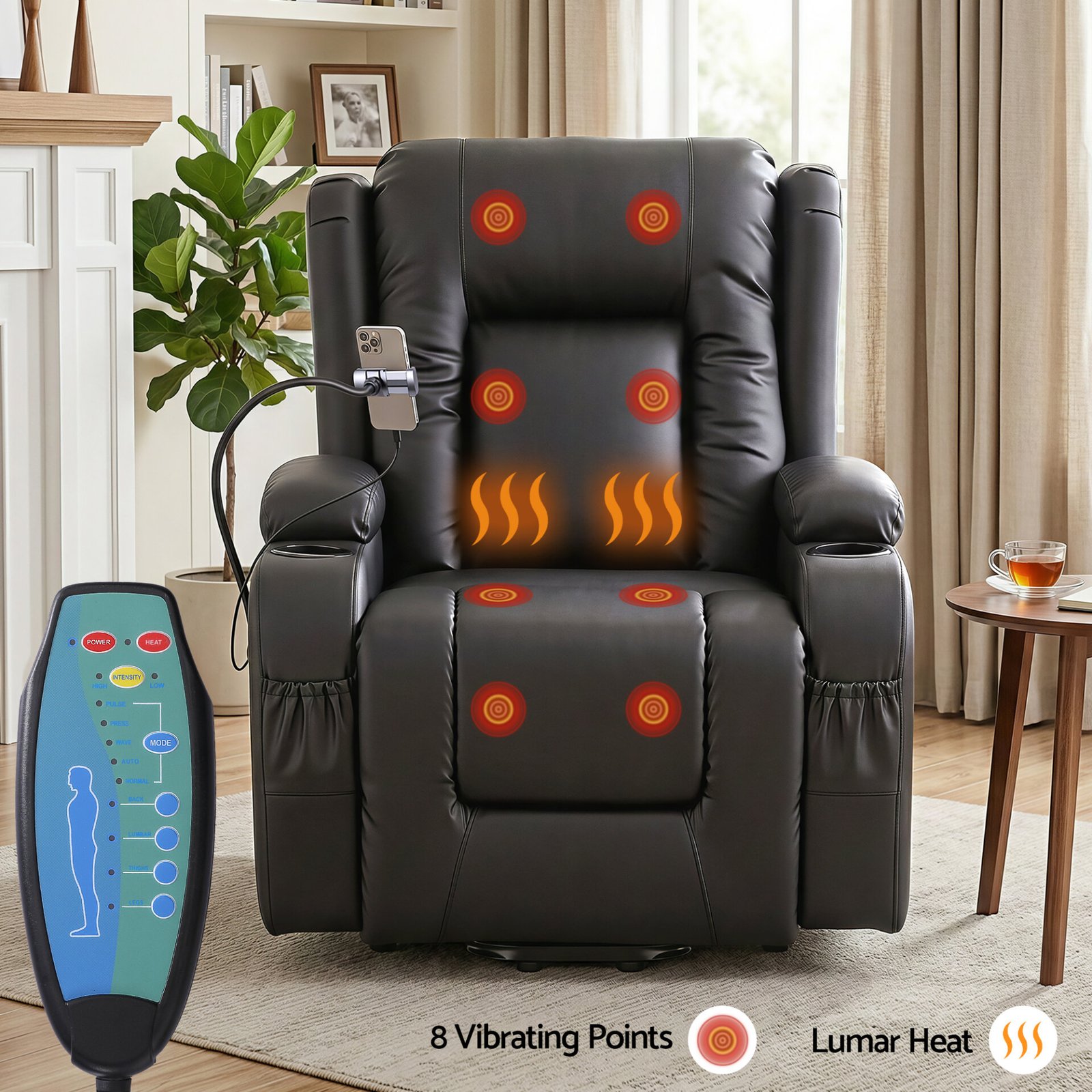 Artiss Power Lift Recliner Chair with Massage and Heat for Elderly, Electric Sofa Reclining Chair with USB and Phone Holder, PU Leather Comfy Armchair for Living Room, 2 Cup Holder & 4 Pockets, Black - Image 4