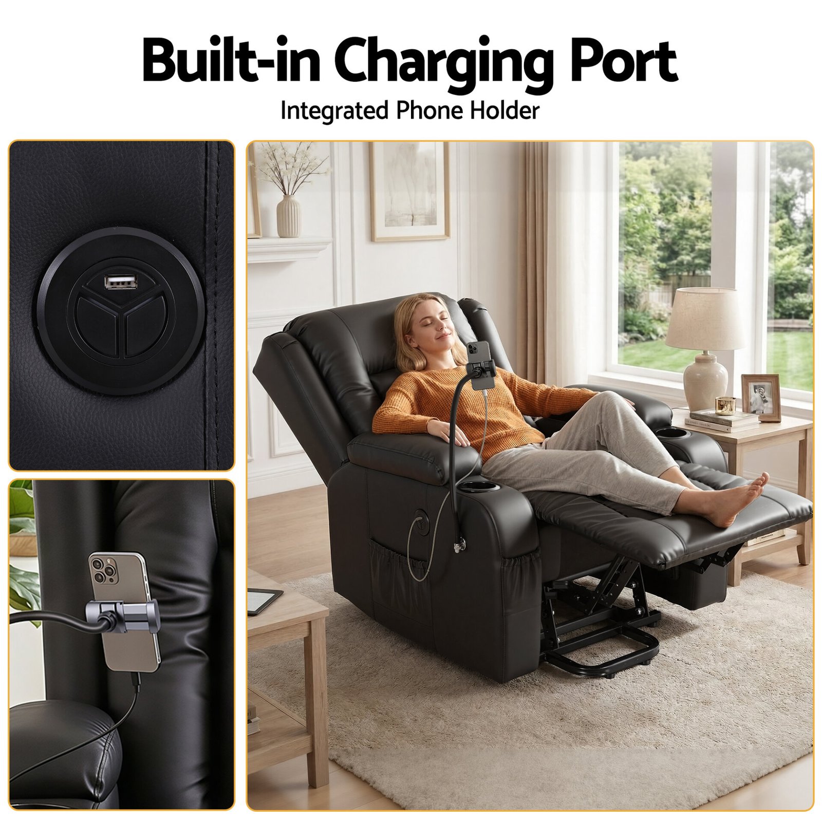 Artiss Power Lift Recliner Chair with Massage and Heat for Elderly, Electric Sofa Reclining Chair with USB and Phone Holder, PU Leather Comfy Armchair for Living Room, 2 Cup Holder & 4 Pockets, Black - Image 5