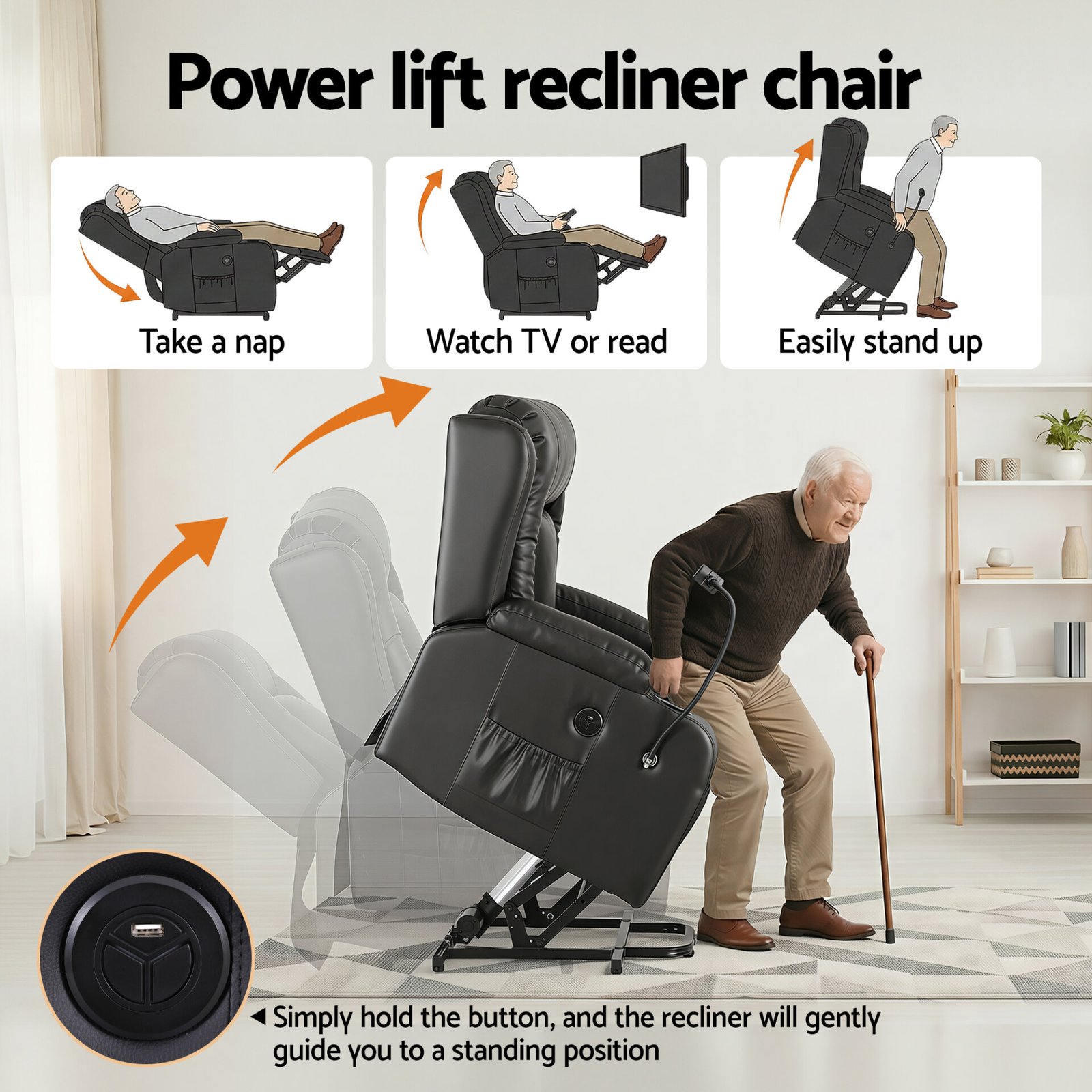 Artiss Power Lift Recliner Chair with Massage and Heat for Elderly, Electric Sofa Reclining Chair with USB and Phone Holder, PU Leather Comfy Armchair for Living Room, 2 Cup Holder & 4 Pockets, Black - Image 6