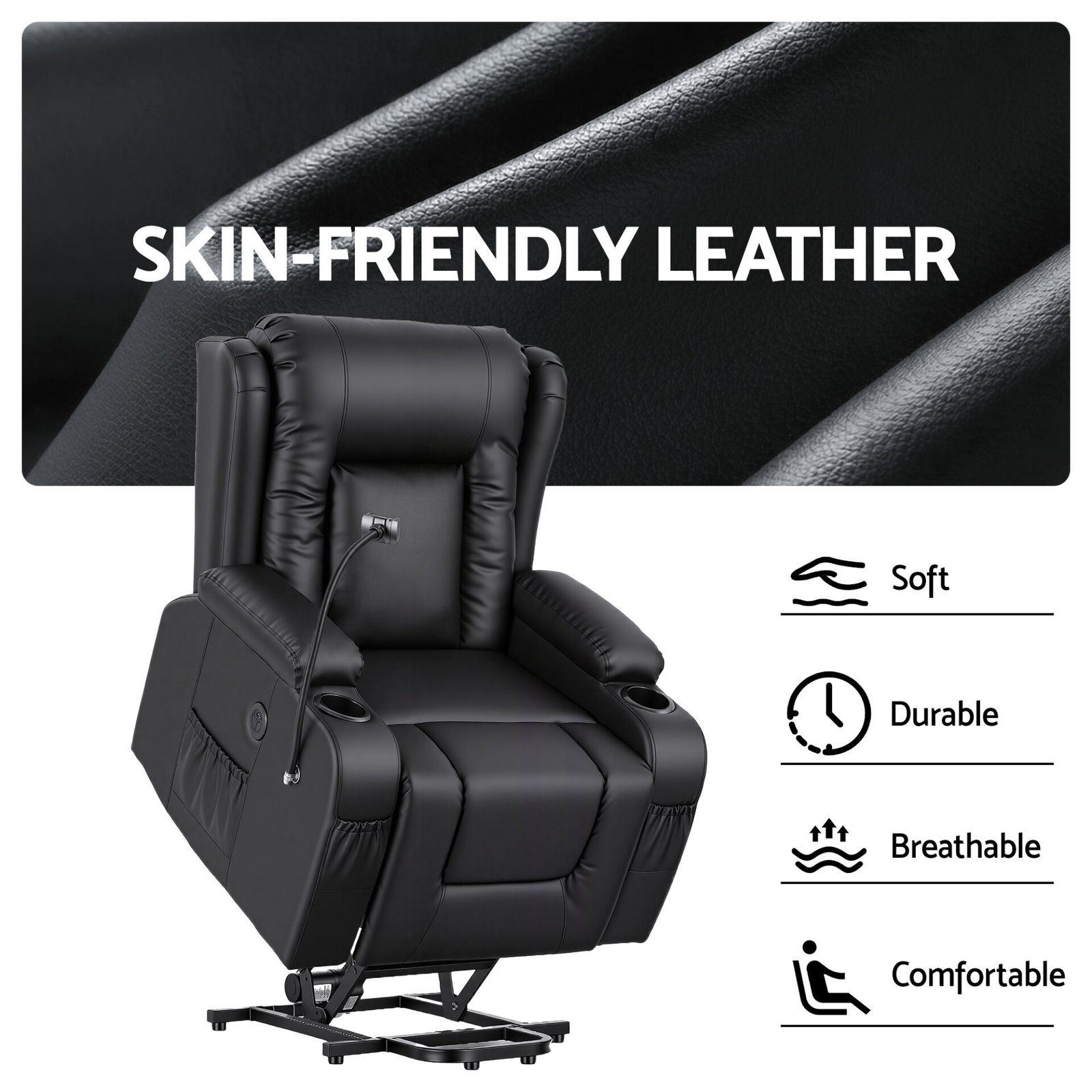 Artiss Power Lift Recliner Chair with Massage and Heat for Elderly, Electric Sofa Reclining Chair with USB and Phone Holder, PU Leather Comfy Armchair for Living Room, 2 Cup Holder & 4 Pockets, Black - Image 7