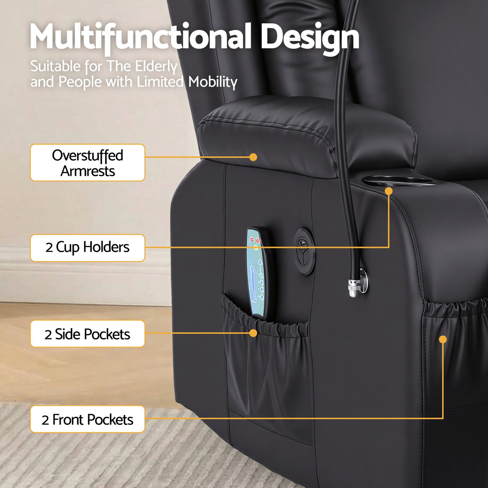 Artiss Power Lift Recliner Chair with Massage and Heat for Elderly, Electric Sofa Reclining Chair with USB and Phone Holder, PU Leather Comfy Armchair for Living Room, 2 Cup Holder & 4 Pockets, Black - Image 8