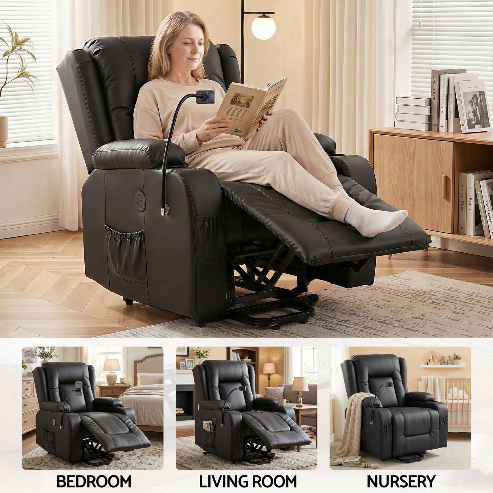 Artiss Power Lift Recliner Chair with Massage and Heat for Elderly, Electric Sofa Reclining Chair with USB and Phone Holder, PU Leather Comfy Armchair for Living Room, 2 Cup Holder & 4 Pockets, Black - Image 9