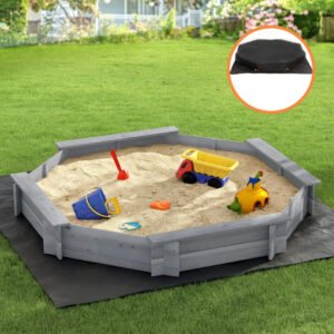 Keezi Kids Sandpit Wooden Round Sand Pit with Cover Bench Seat Beach Toys 182cm Grey