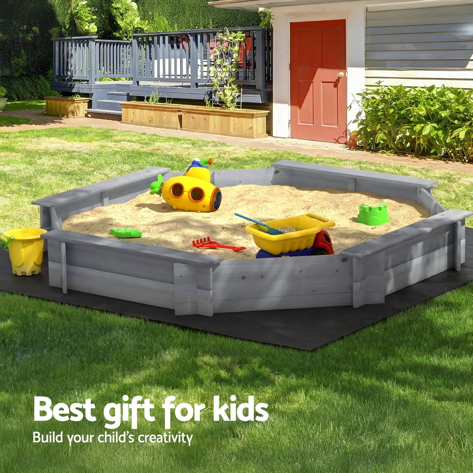 Keezi Kids Sandpit Wooden Round Sand Pit with Cover Bench Seat Beach Toys 182cm Grey - Image 4