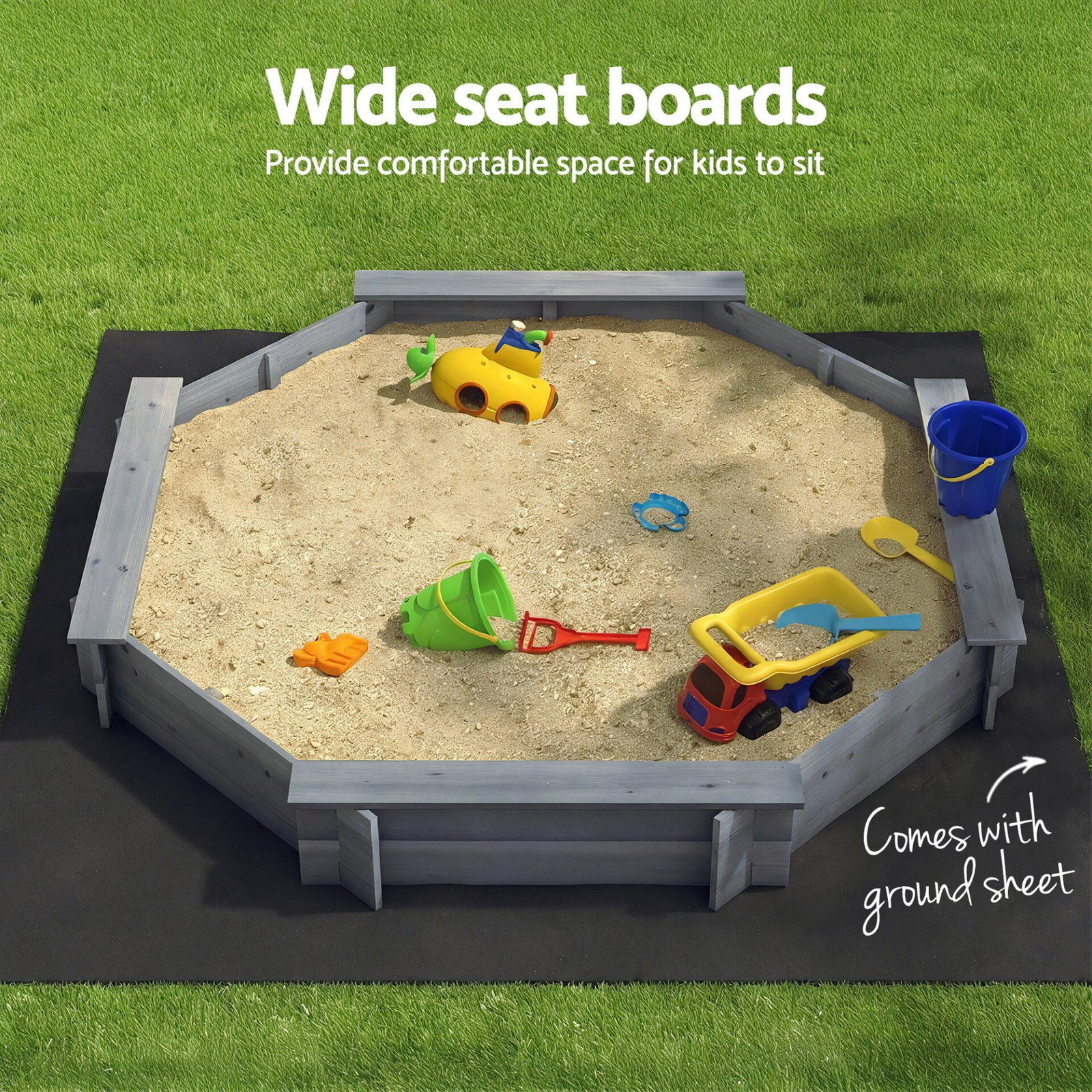 Keezi Kids Sandpit Wooden Round Sand Pit with Cover Bench Seat Beach Toys 182cm Grey - Image 6