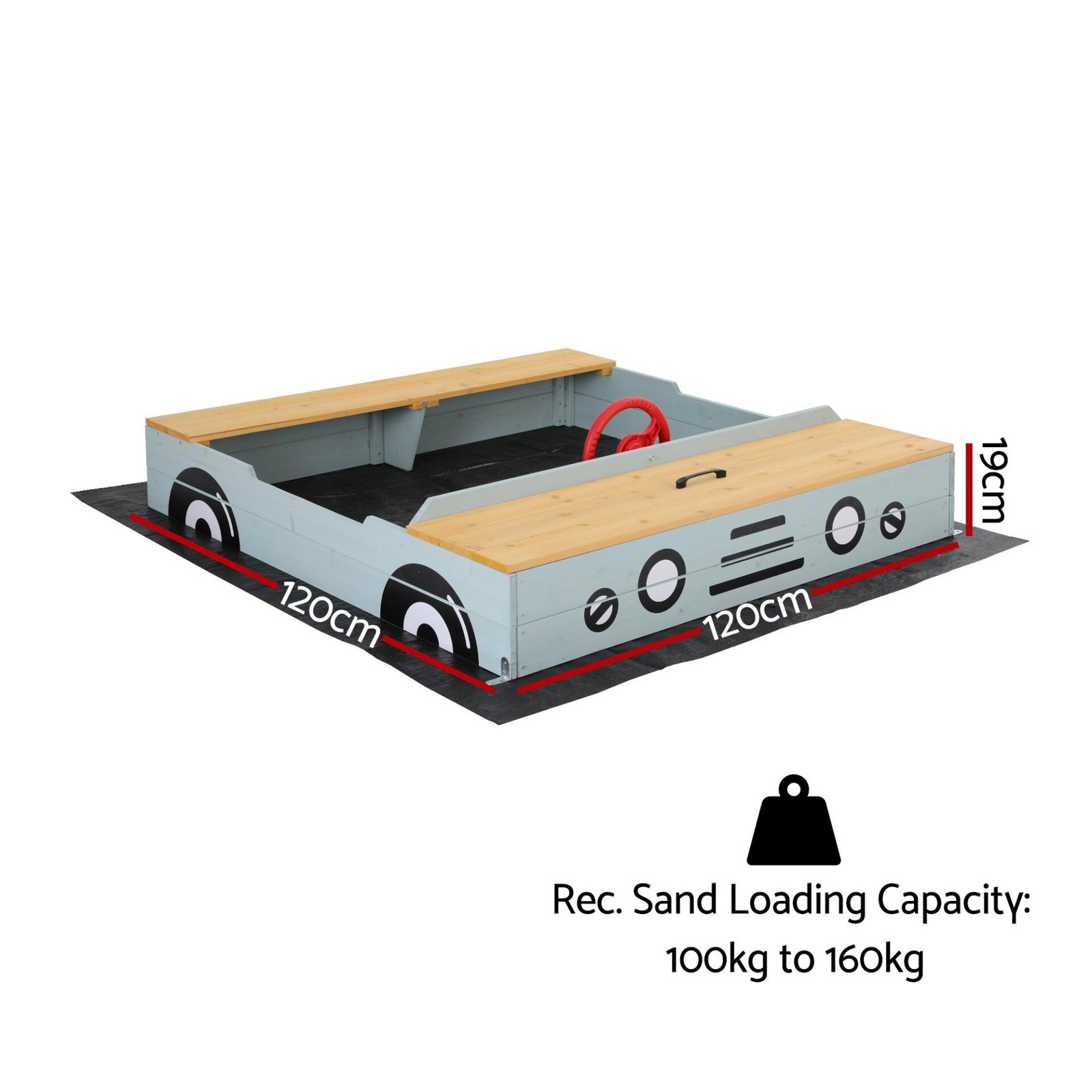 Keezi Wooden Car Sandpit Kids Sandbox Outdoor Play Toy w/ Storage Ground Sheet 120cm - Image 2