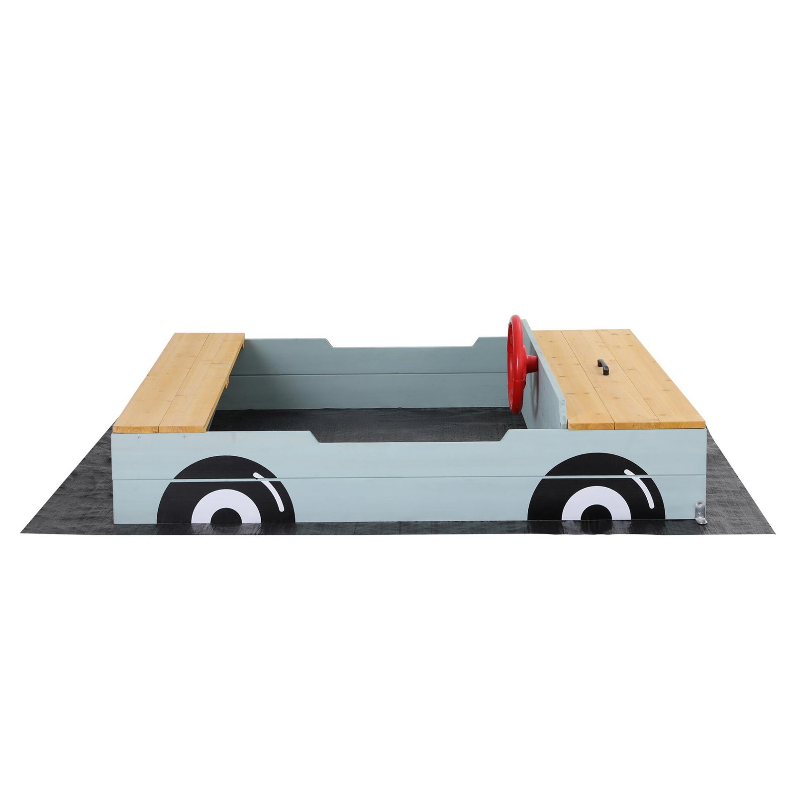 Keezi Wooden Car Sandpit Kids Sandbox Outdoor Play Toy w/ Storage Ground Sheet 120cm - Image 3