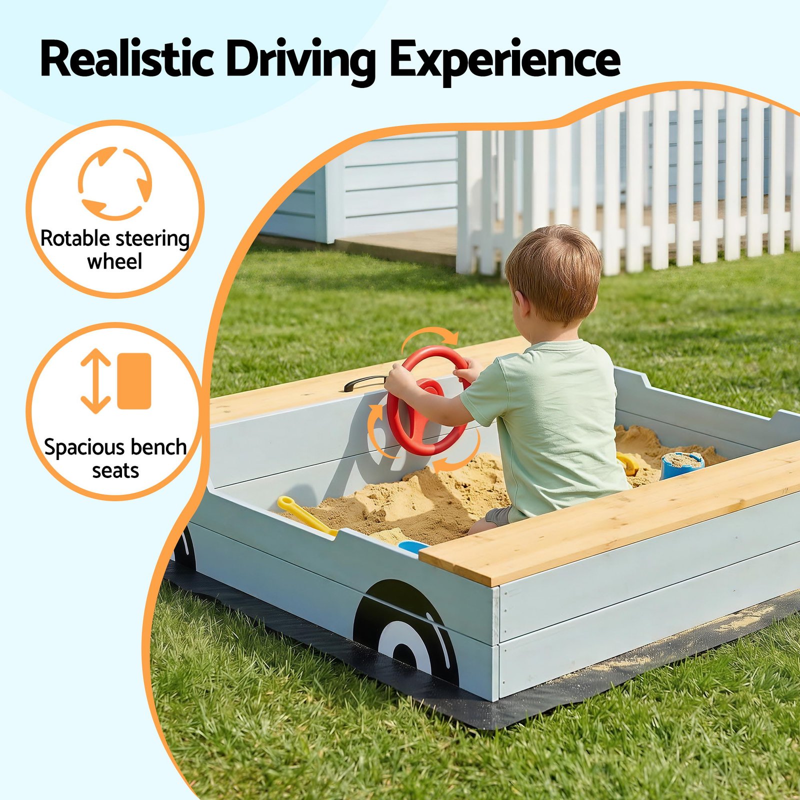 Keezi Wooden Car Sandpit Kids Sandbox Outdoor Play Toy w/ Storage Ground Sheet 120cm - Image 4