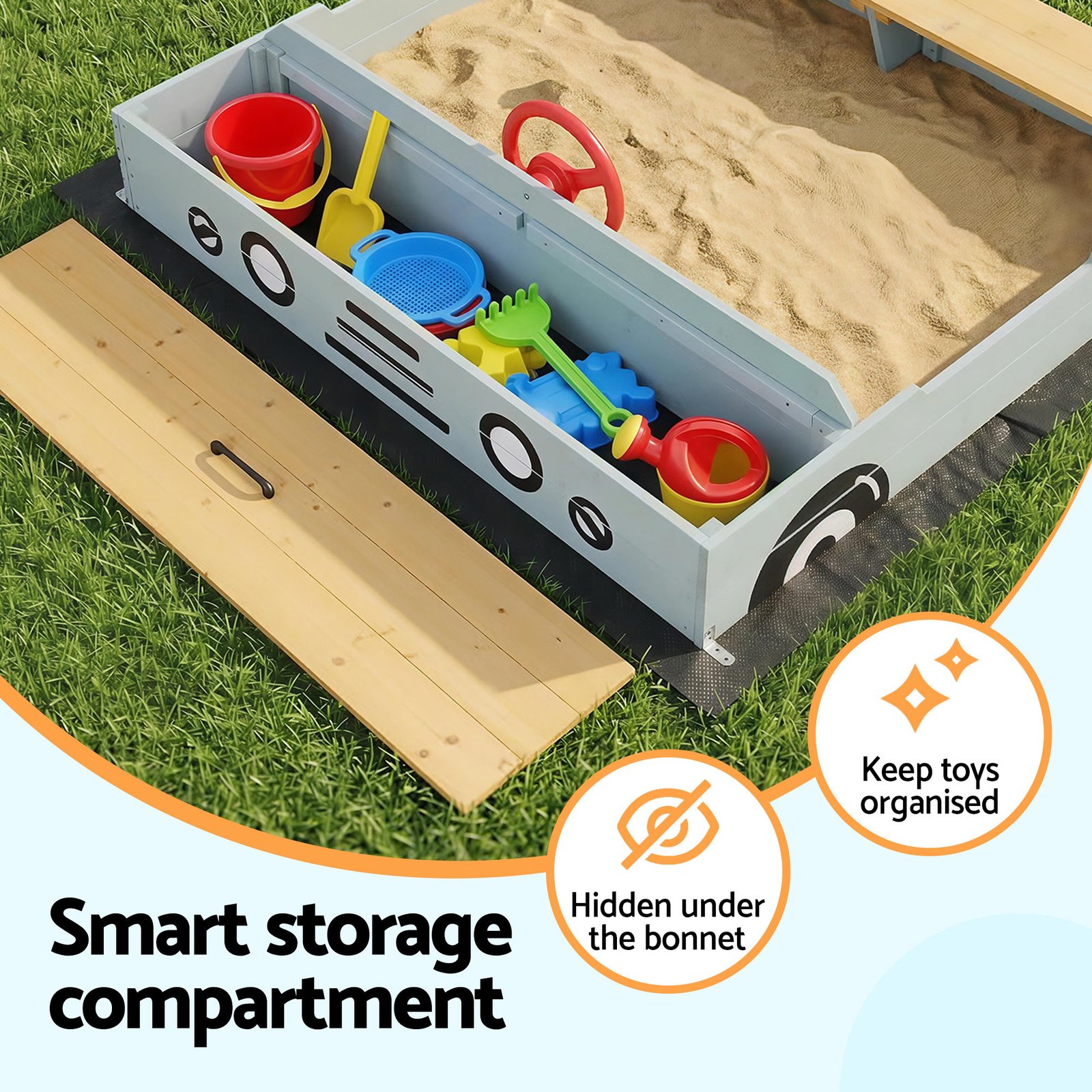 Keezi Wooden Car Sandpit Kids Sandbox Outdoor Play Toy w/ Storage Ground Sheet 120cm - Image 5