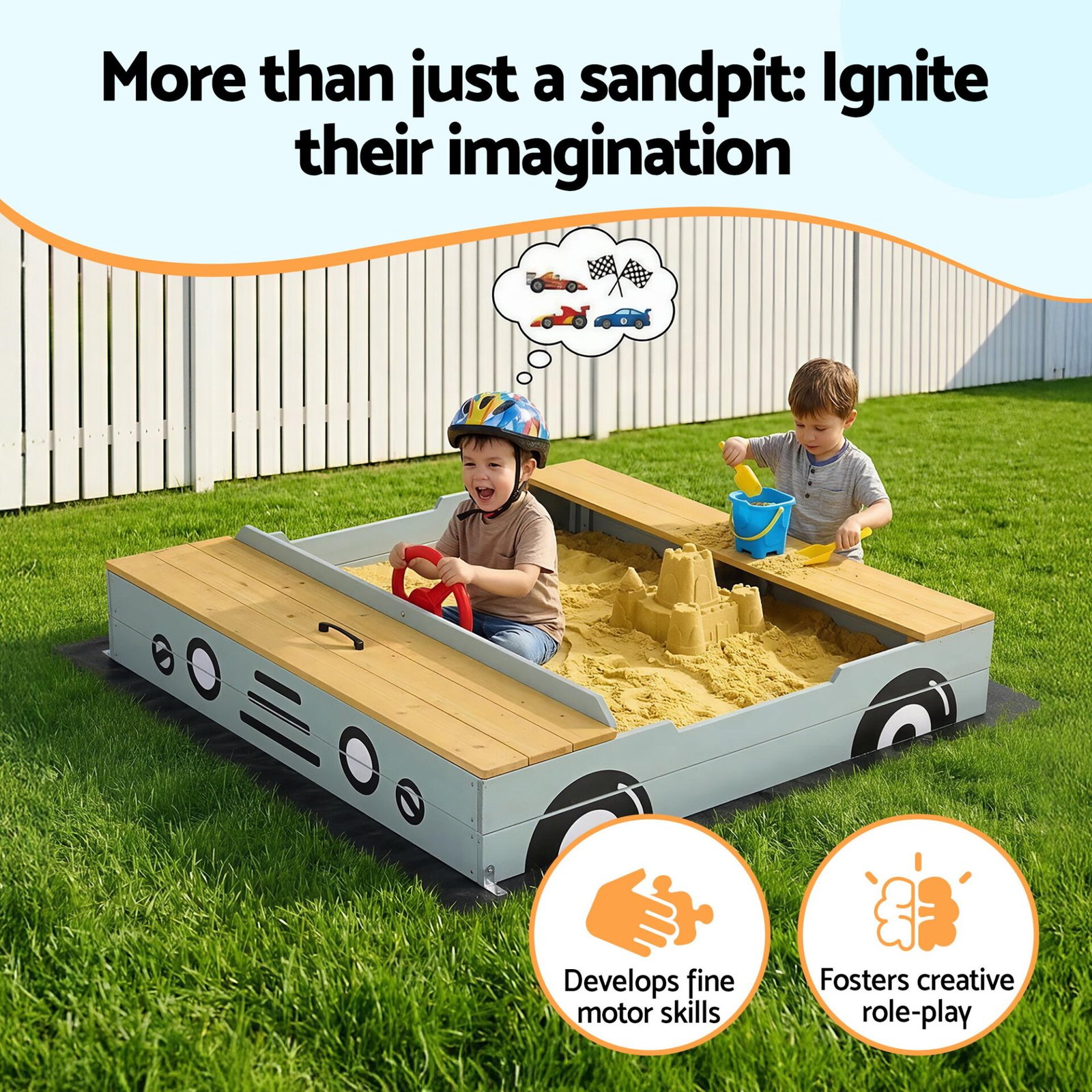 Keezi Wooden Car Sandpit Kids Sandbox Outdoor Play Toy w/ Storage Ground Sheet 120cm - Image 6