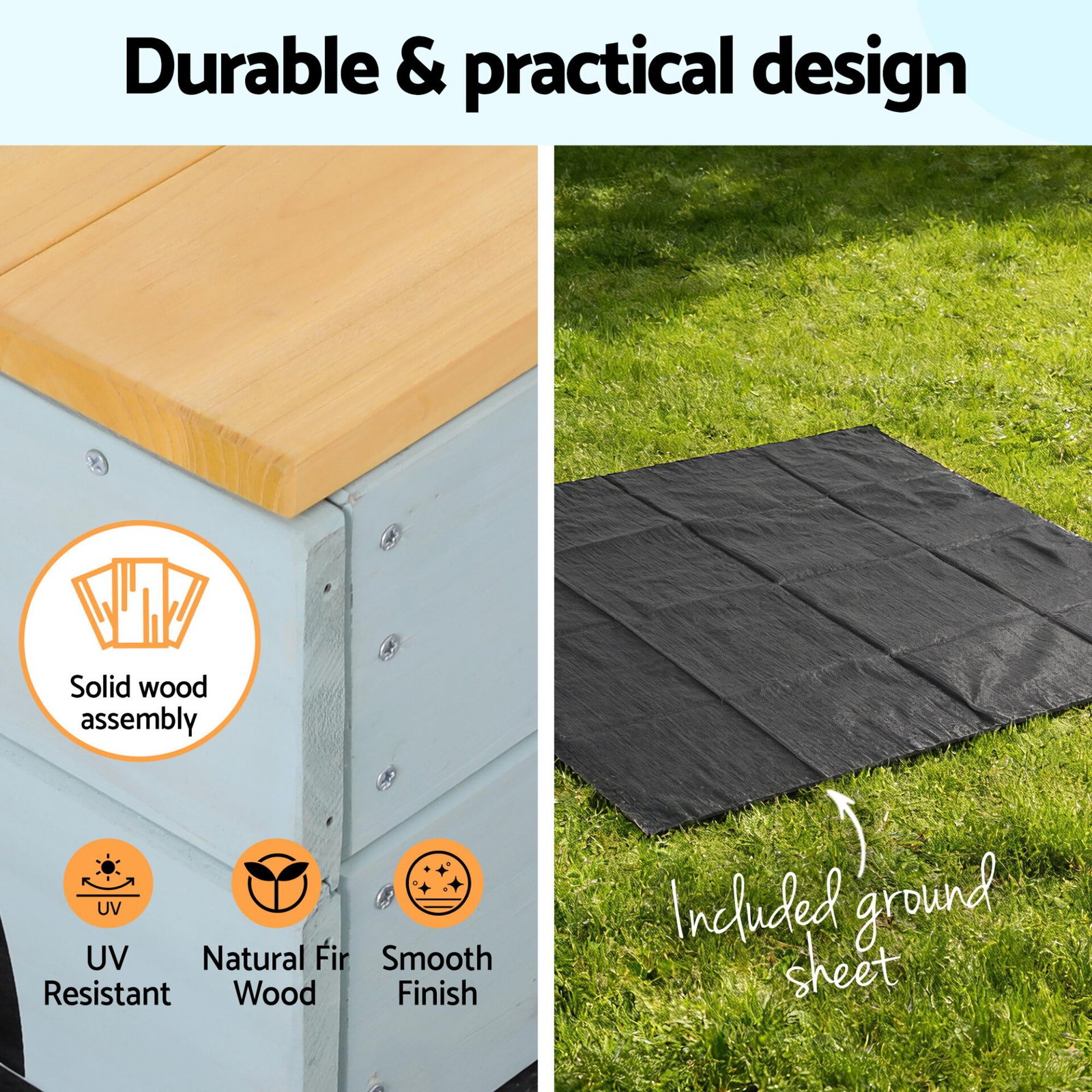 Keezi Wooden Car Sandpit Kids Sandbox Outdoor Play Toy w/ Storage Ground Sheet 120cm - Image 7