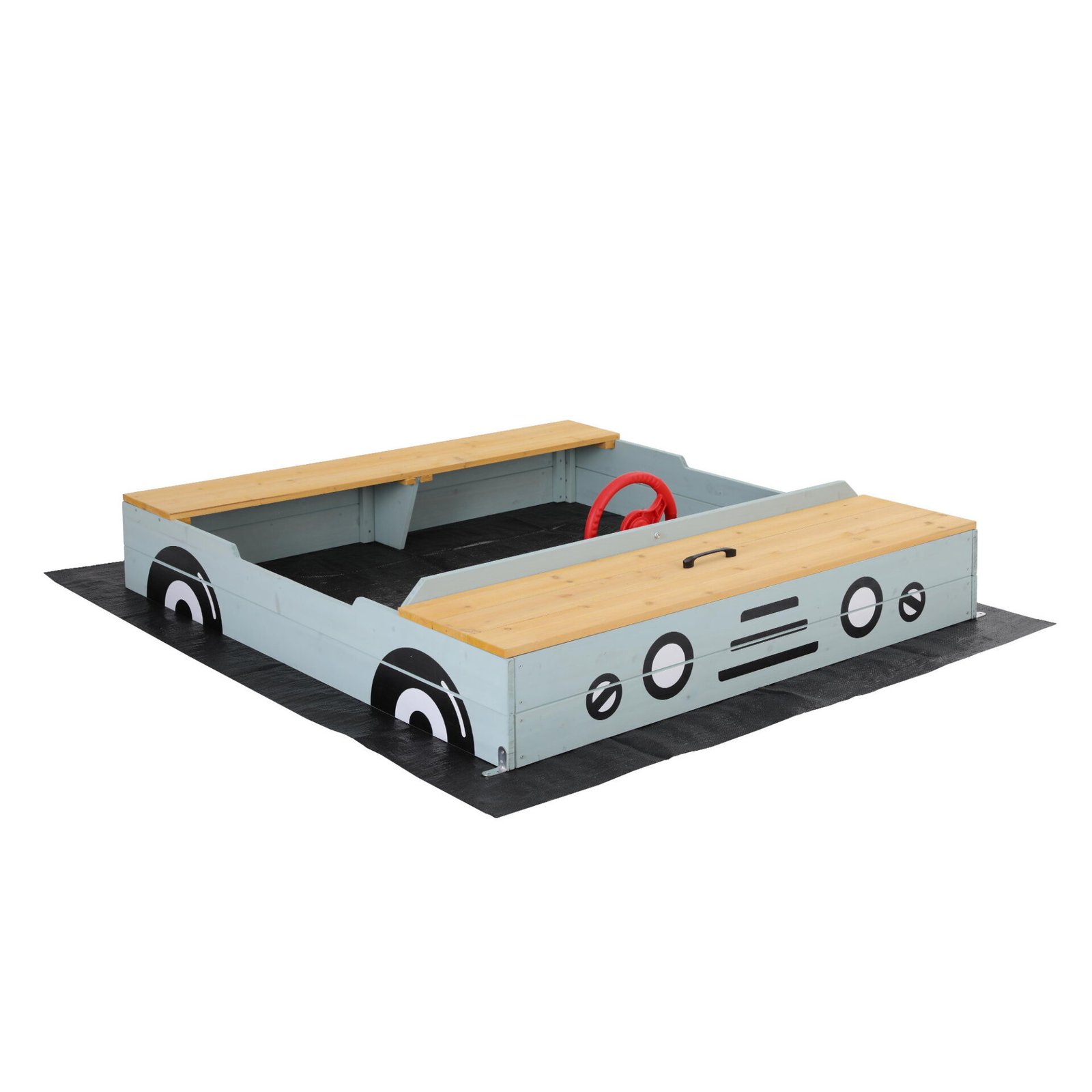 Keezi Wooden Car Sandpit Kids Sandbox Outdoor Play Toy w/ Storage Ground Sheet 120cm - Image 8