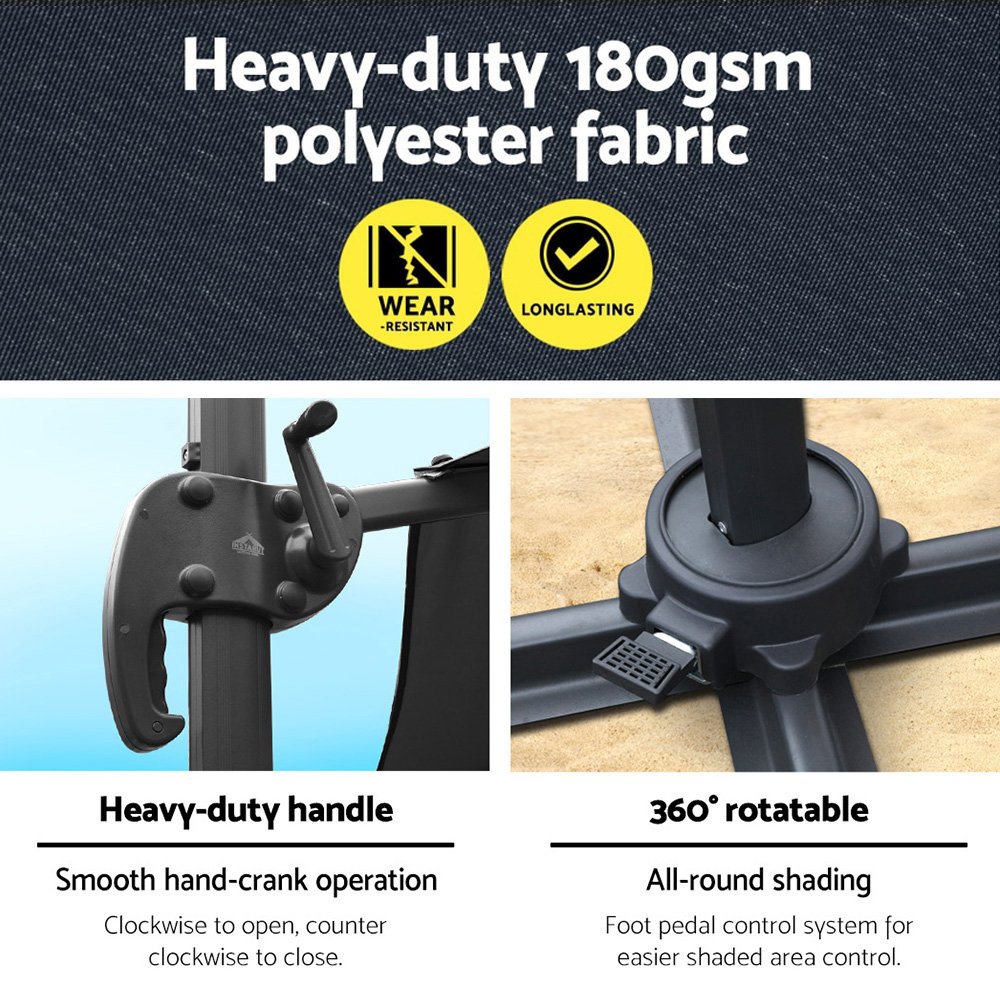 Instahut 3m Outdoor Umbrella Cantilever 360 Degree Tilt Beach Roma Charcoal - Image 6