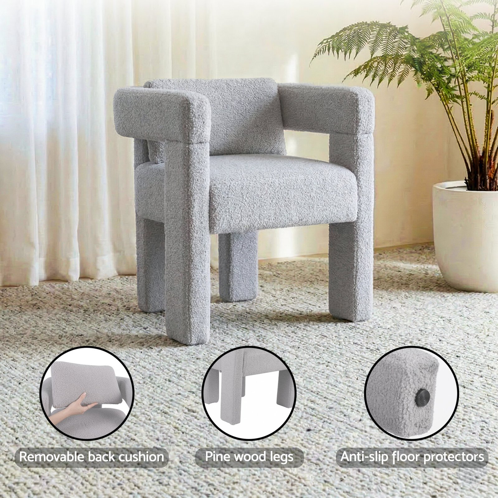 Artiss Armchair Accent Chair Lounge Sofa Couch Boucle Fabric Grey - Image 5