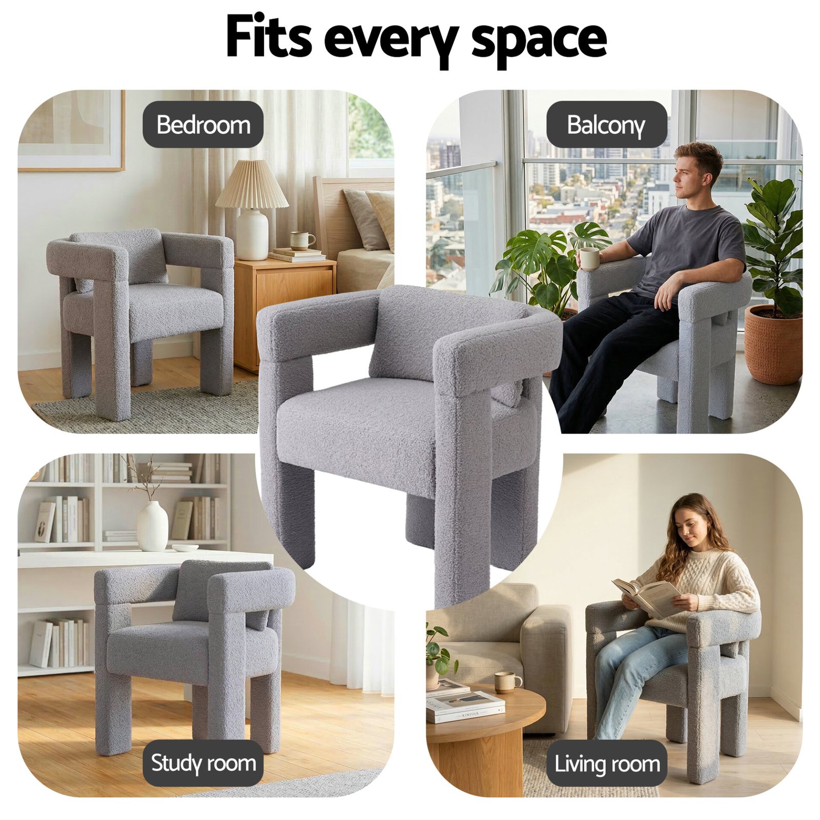 Artiss Armchair Accent Chair Lounge Sofa Couch Boucle Fabric Grey - Image 6