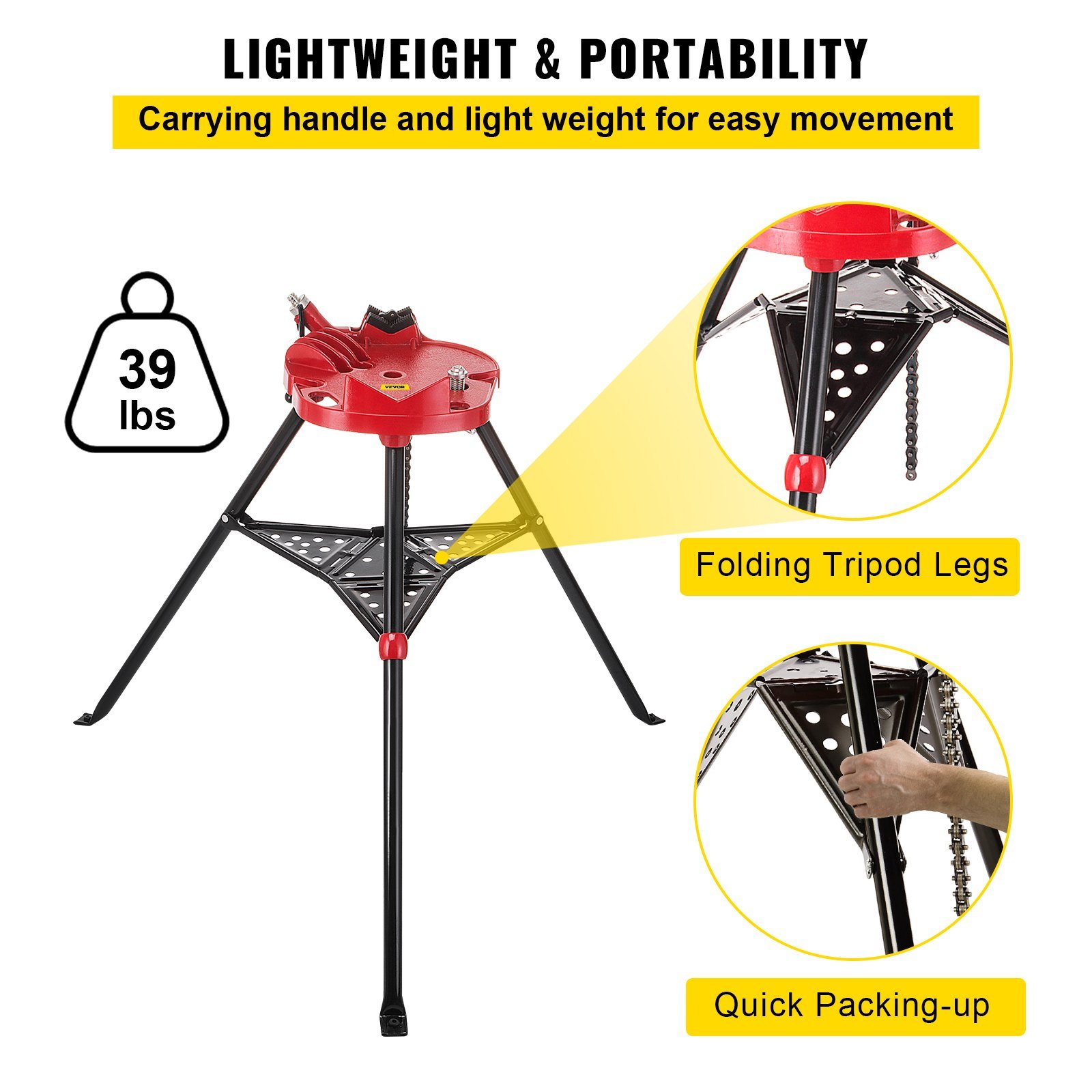 Tripod Pipe Chain Vice Stand 1/8" to 6" w/ Steel Legs & Rubber Mounts Bib - Image 4