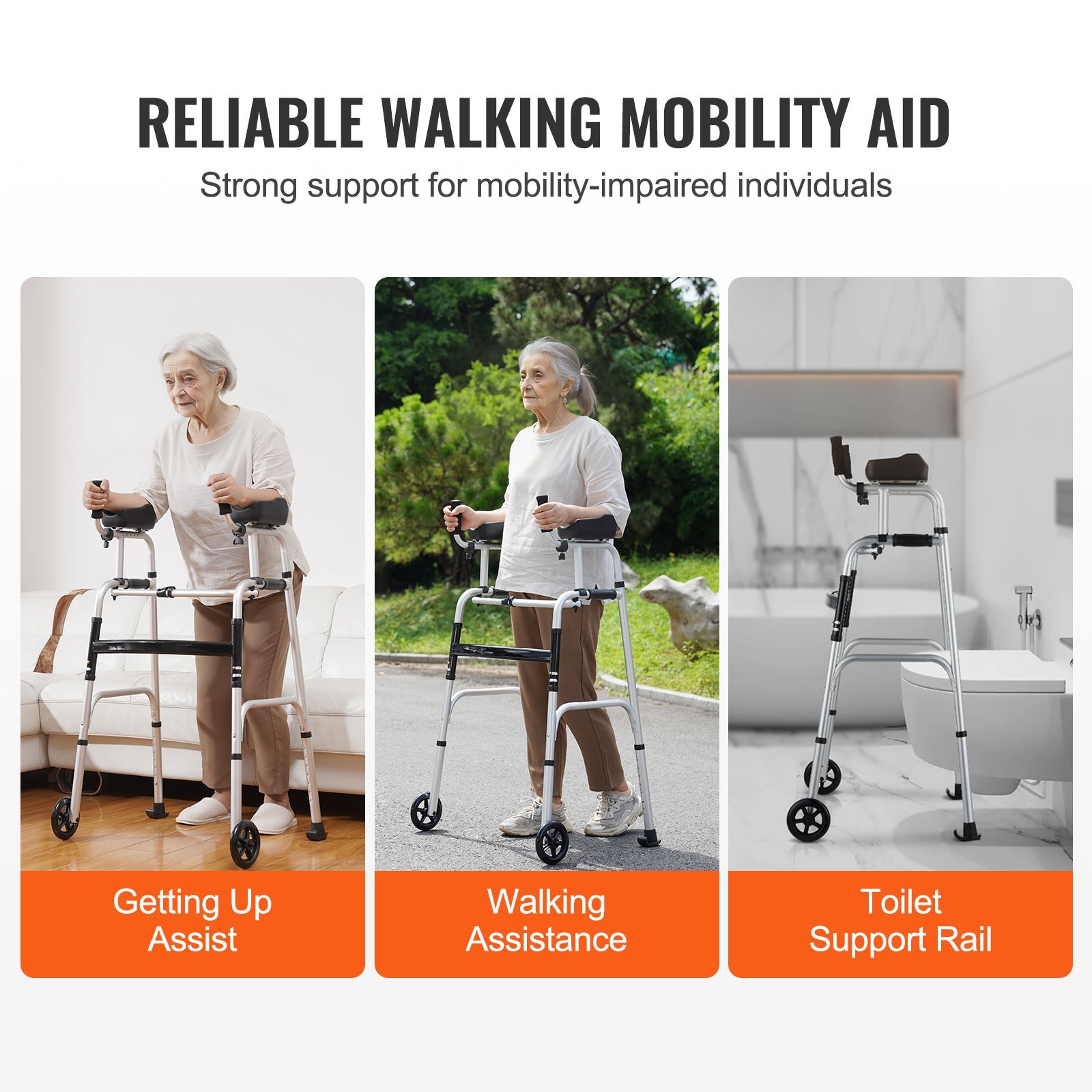 2 in 1 Folding Walker & Removable Armrests, Height Adjustable Foldable Walker with 5" Solid Wheels, Lightweight Aluminum | Front Wheeled Mobility Aid for Elderly Handicapped Disabled, 450 Pounds - Image 6